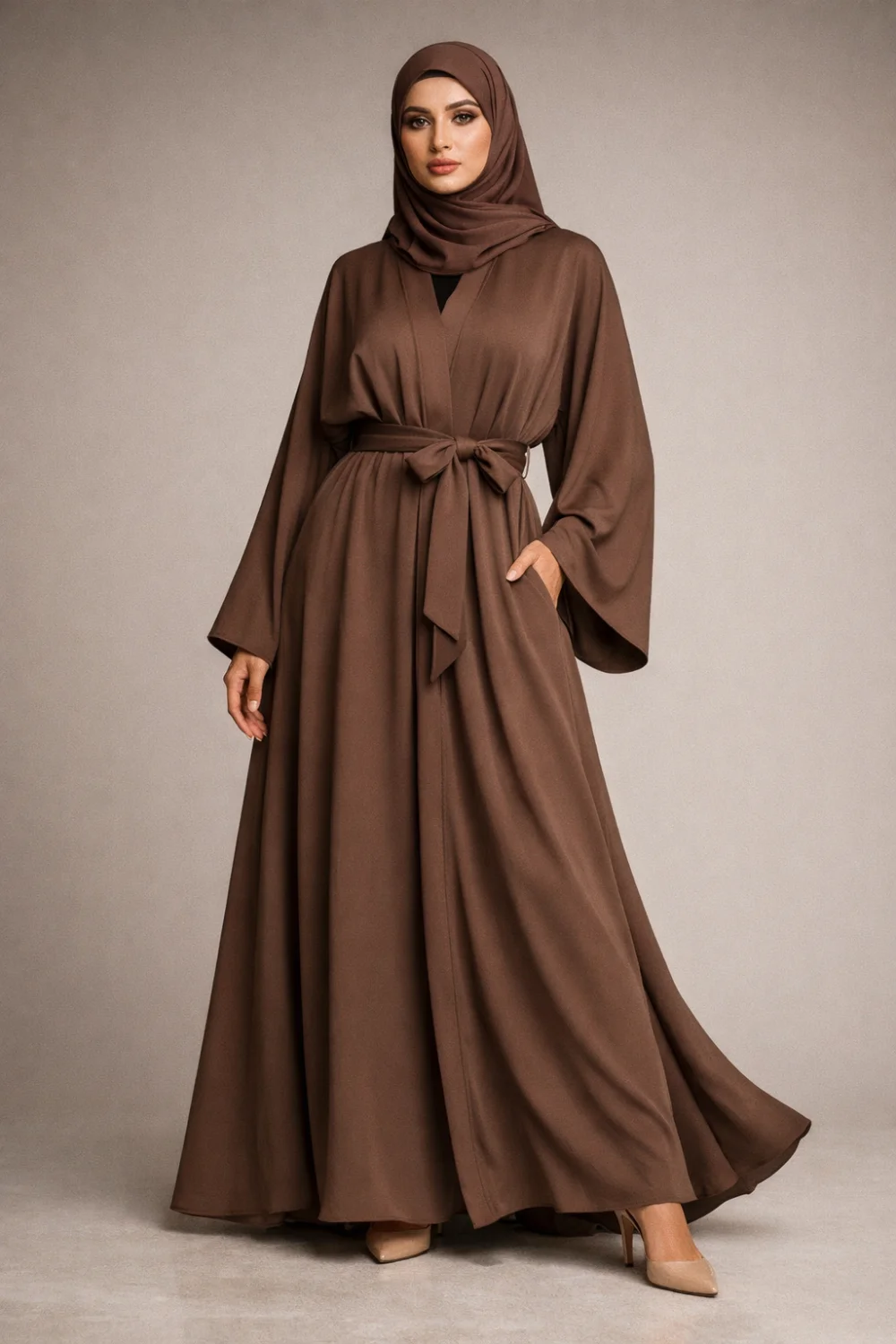 mocha brown belted abaya elegant modest fashion outfit soft flowing modern abaya style inspiration mocha brown belted abaya elegant modest fashion outfit soft flowing modern abaya style inspiration