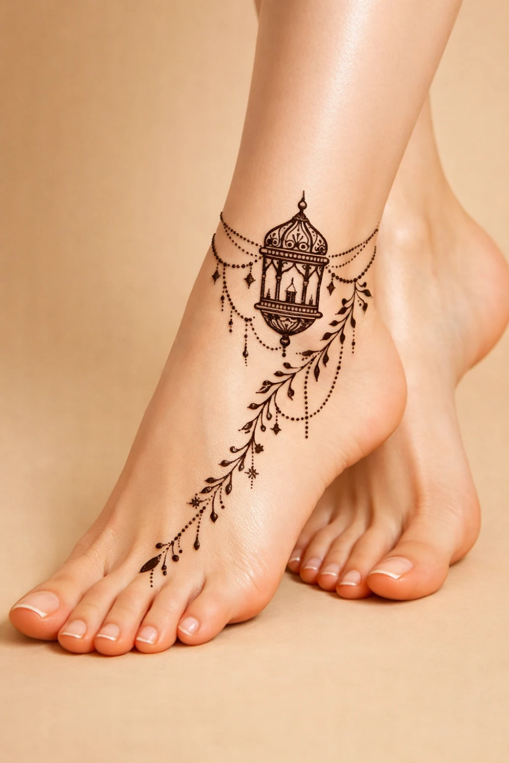 Lantern inspired mehndi design flowing along the foot