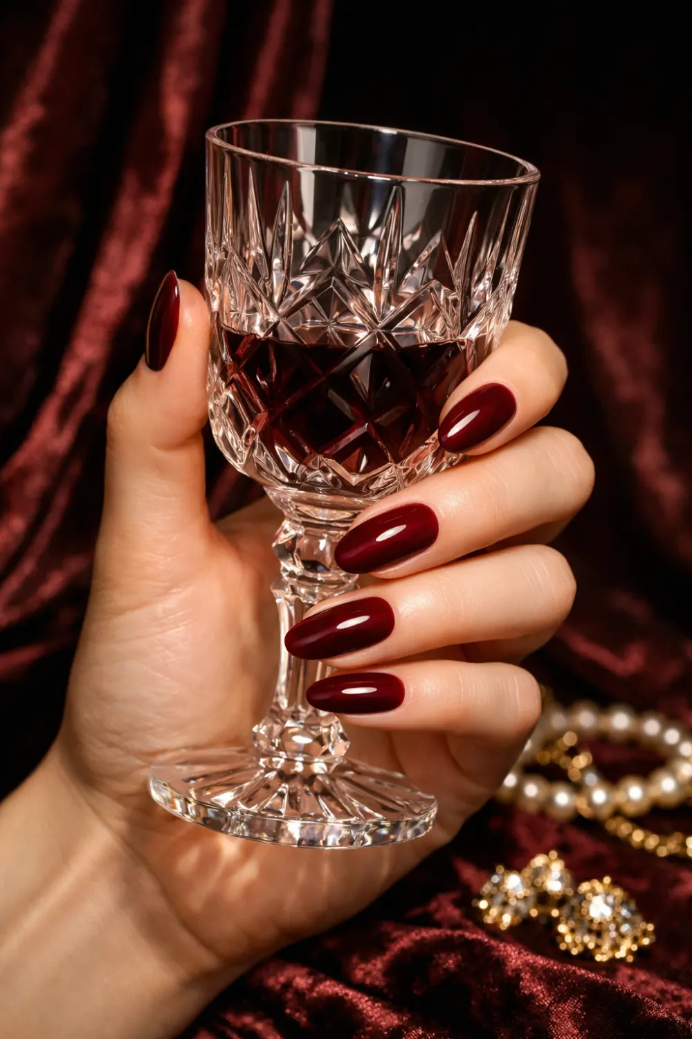 Deep burgundy glossy almond nails holding crystal glass creating a dramatic vintage old money manicure aesthetic