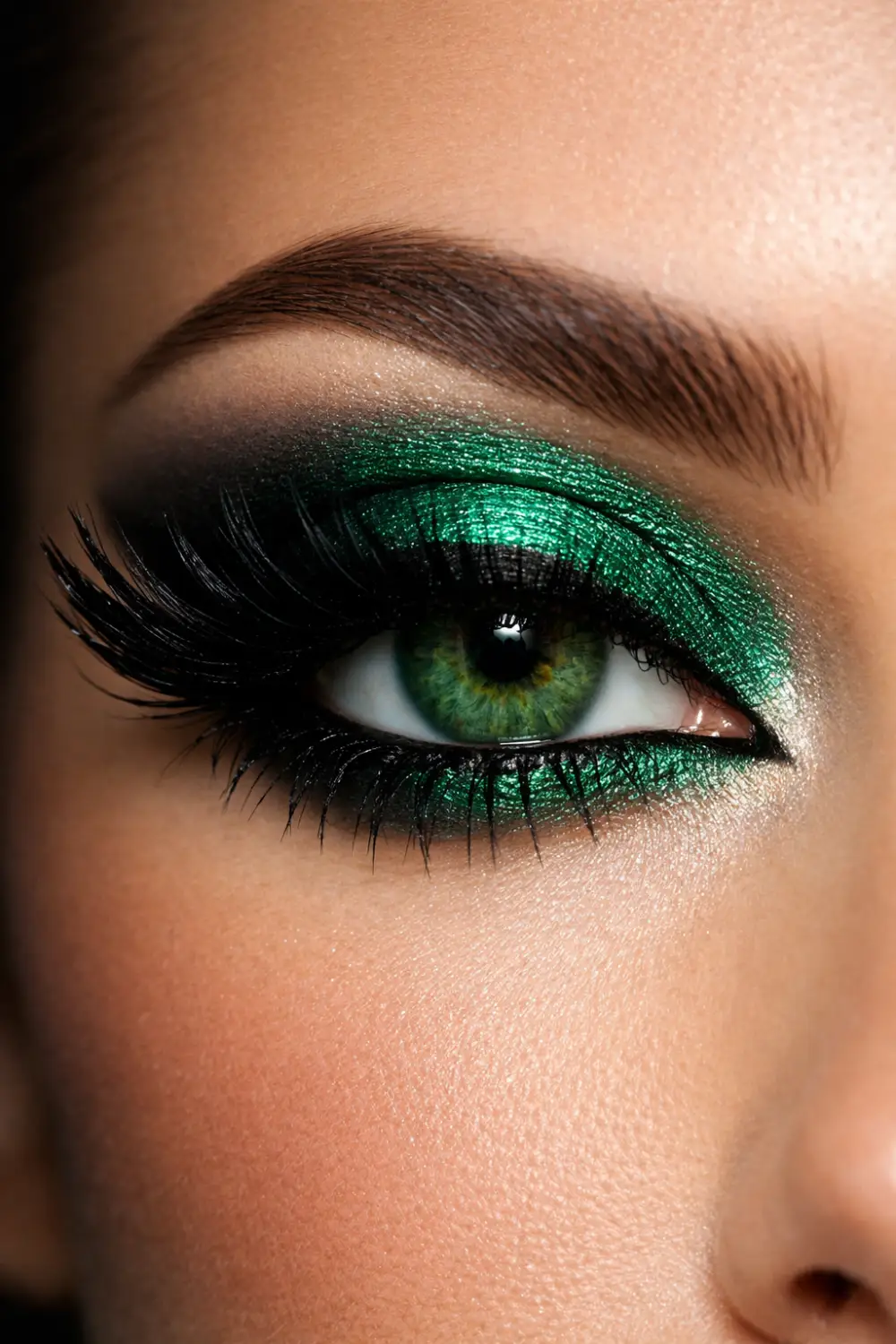 emerald green smokey eyeshadow look for green eyes with bold metallic green lid and deep black smoky blend