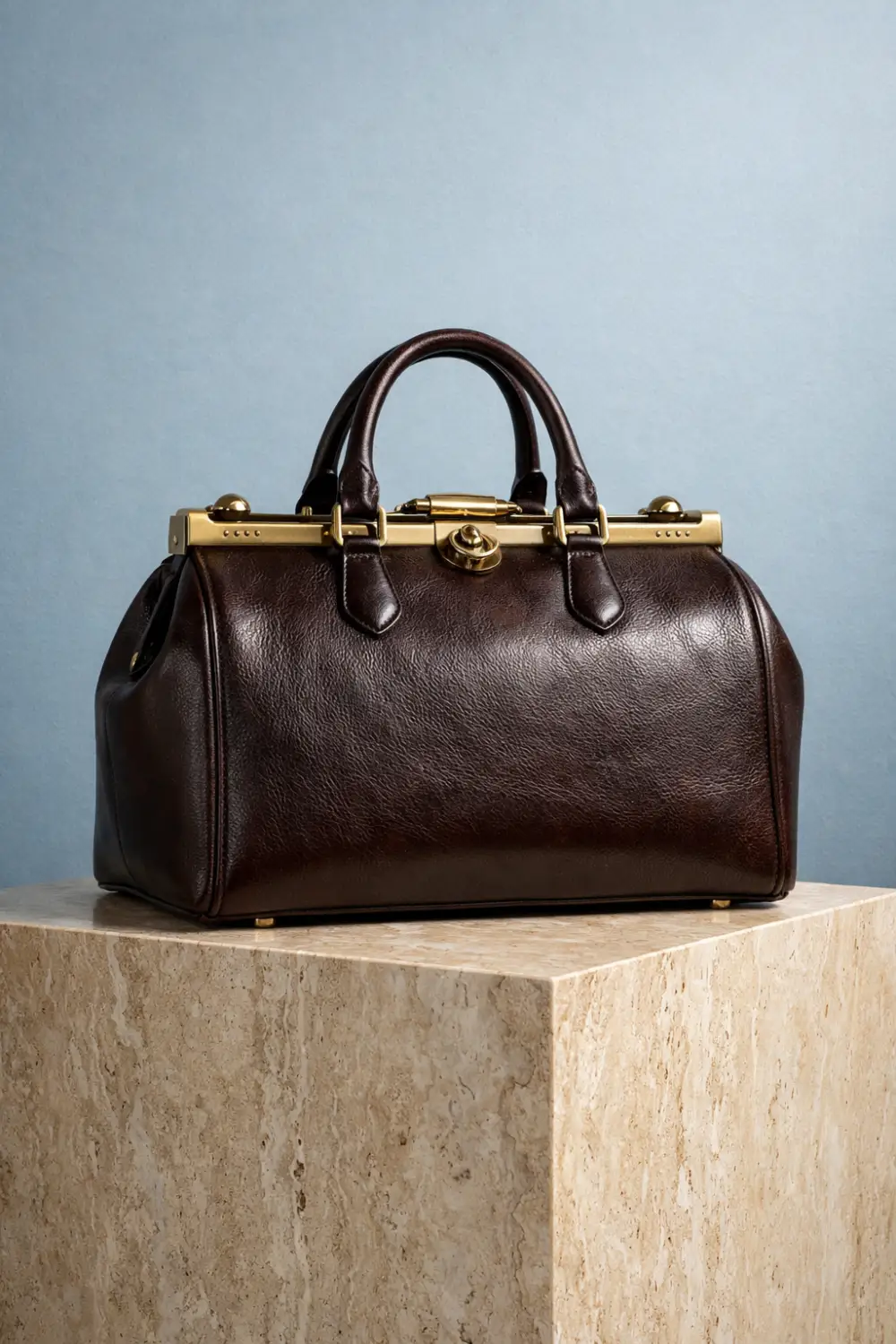Vintage brown leather doctor bag with gold frame hardware