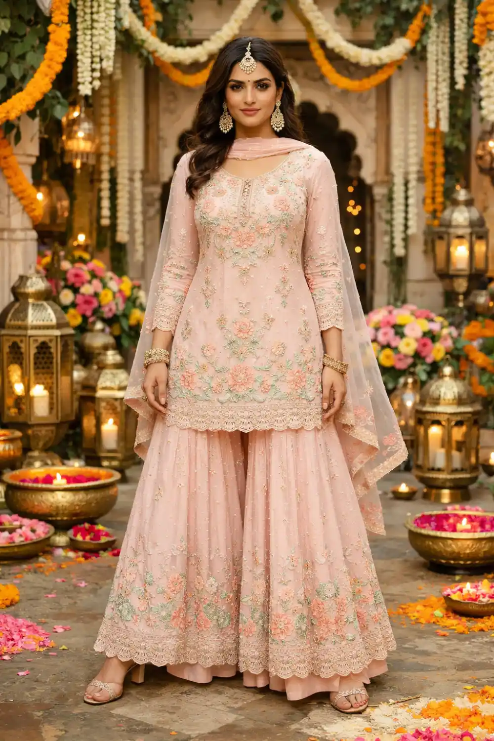 Pastel sharara suit with floral embroidery elegant Indian festive outfit