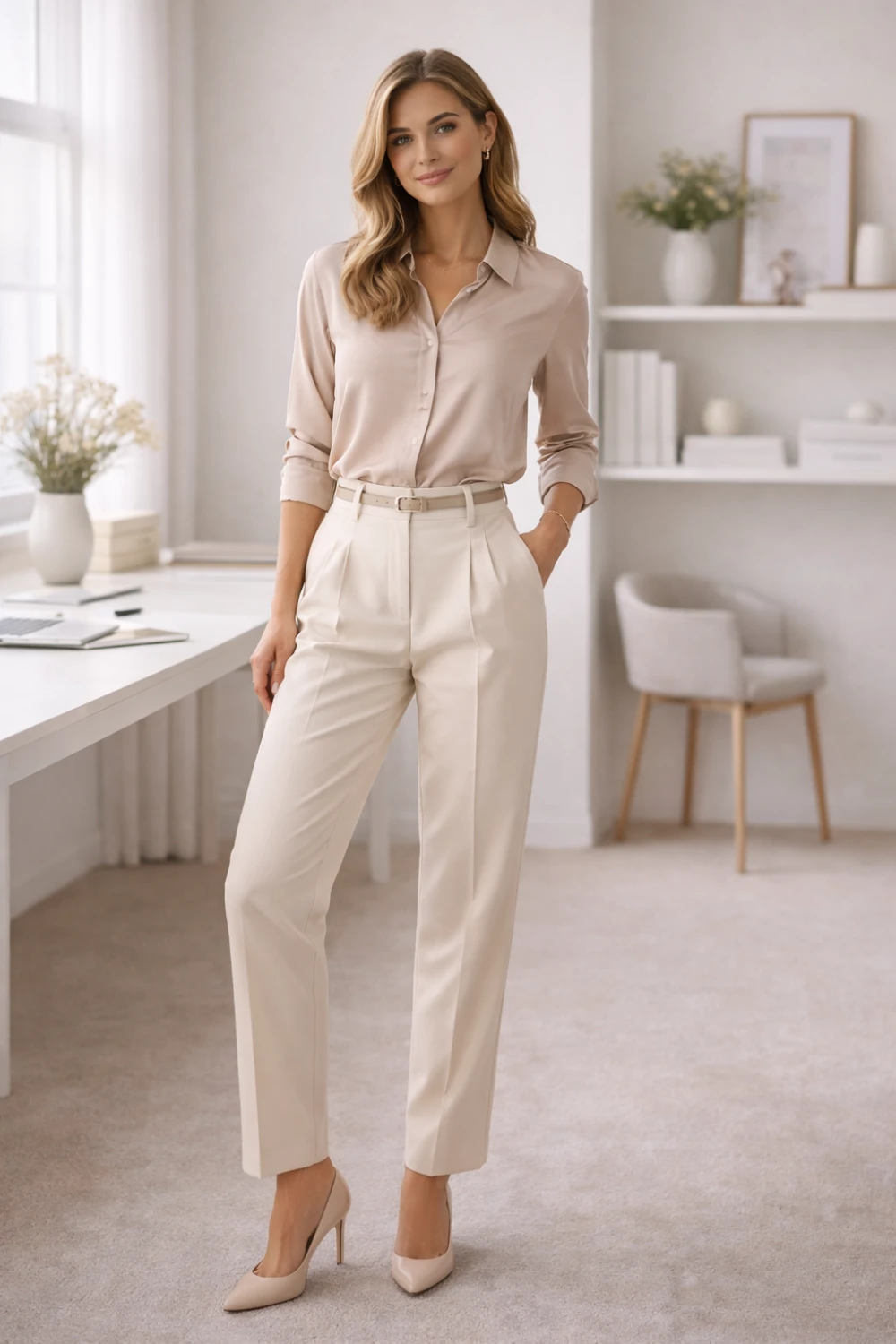 neutral blouse with high waisted tailored trousers professional office outfit women modern workwear