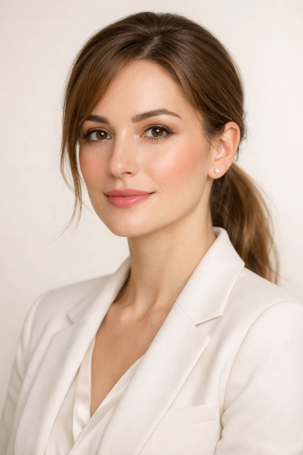 clean everyday formal makeup look for office featuring natural foundation, subtle eye makeup, soft blush, and nude pink lipstick