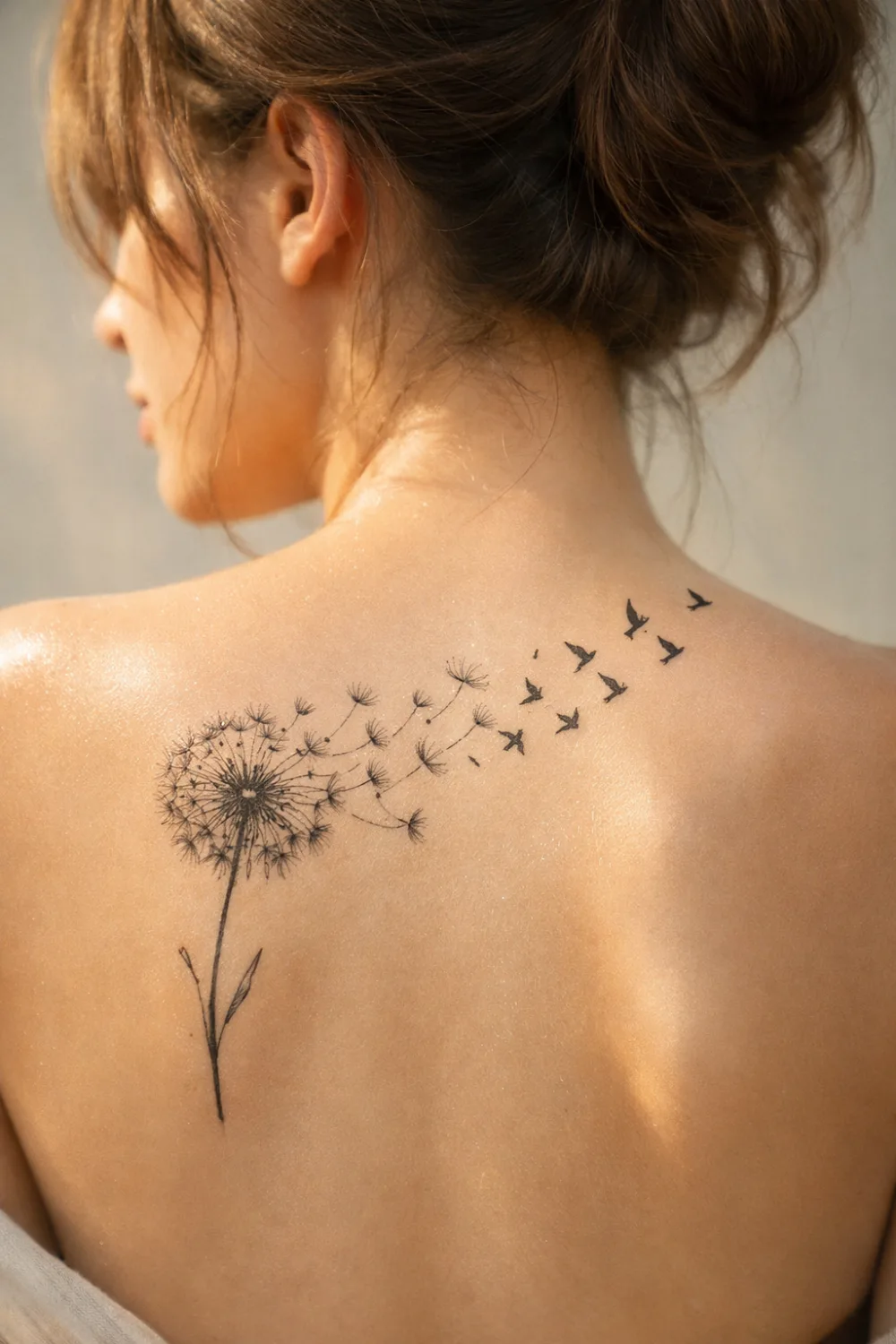 dandelion shoulder tattoo for women seeds turning into birds feminine back tattoo design