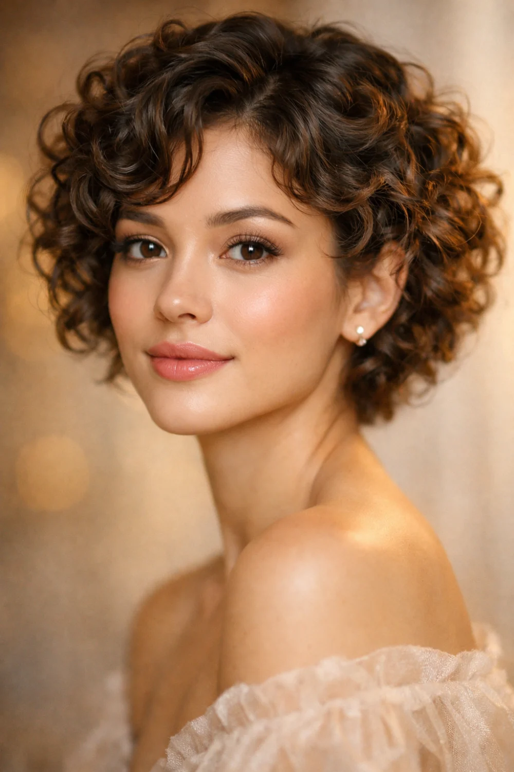 short curly bob hairstyle with soft bouncy curls trendy feminine short hair look