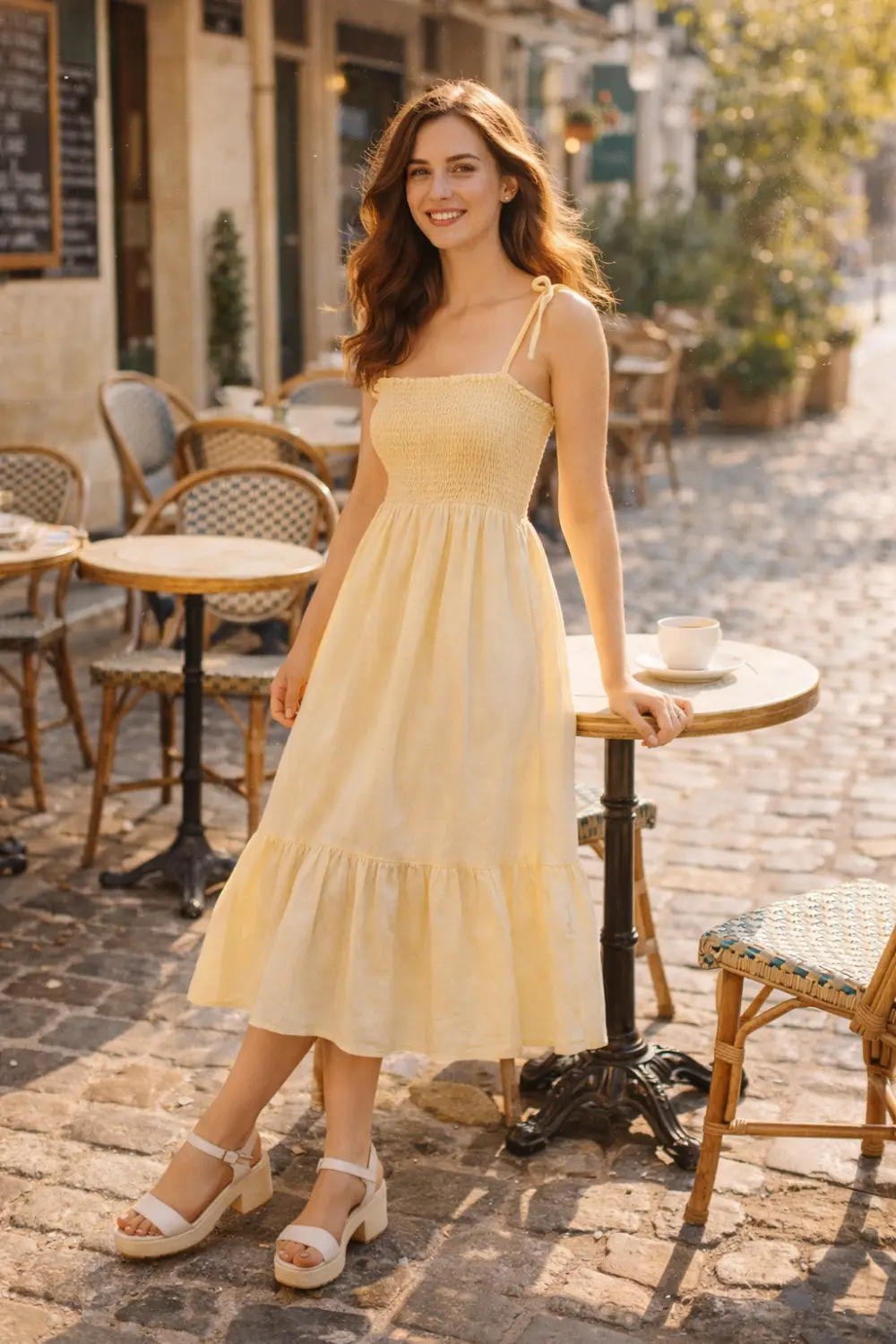yellow smocked midi dress casual spring outfit cafe style look