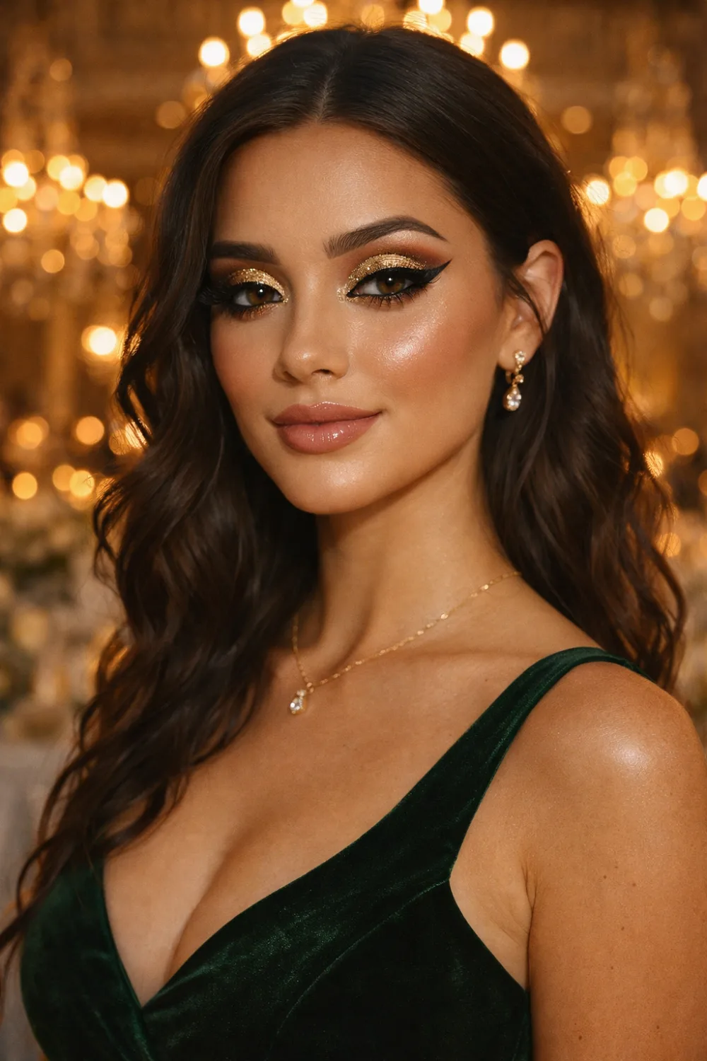 gold glitter bridesmaid makeup glam eyeliner sparkling look