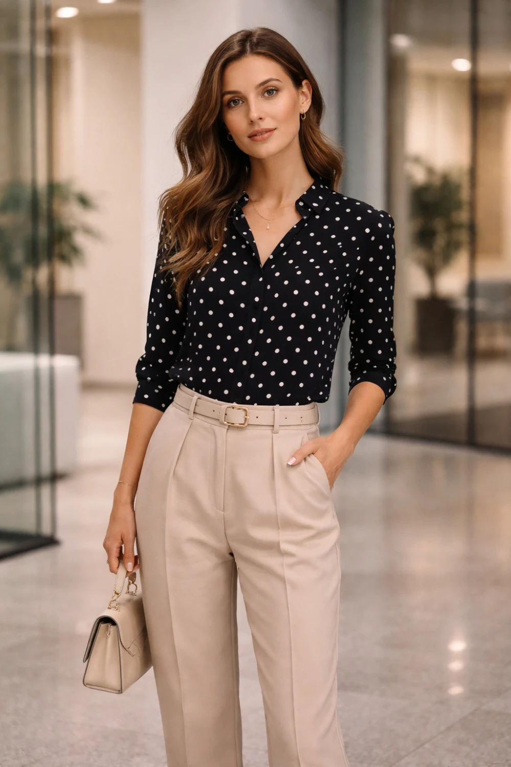 woman wearing black polka dot blouse tucked into beige tailored trousers with belt, polished office outfit with elegant smart casual fashion look