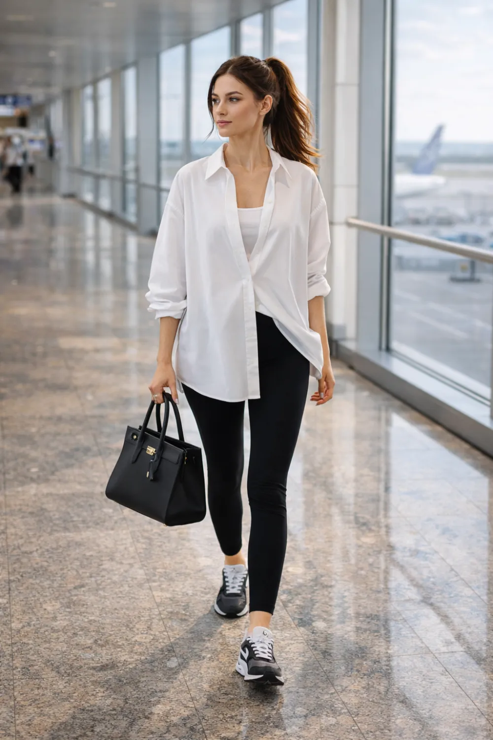 oversized button down shirt and leggings airport outfit idea chic travel style casual airport fashion look