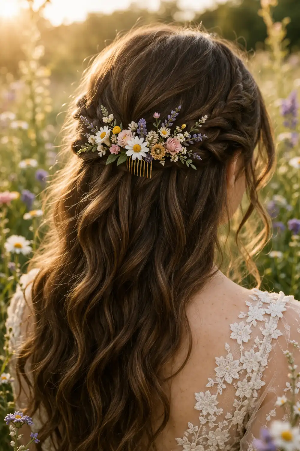 wildflower garden hair comb with daisies lavender and small blooms styled in romantic half up hairstyle boho wedding hair inspiration for brides