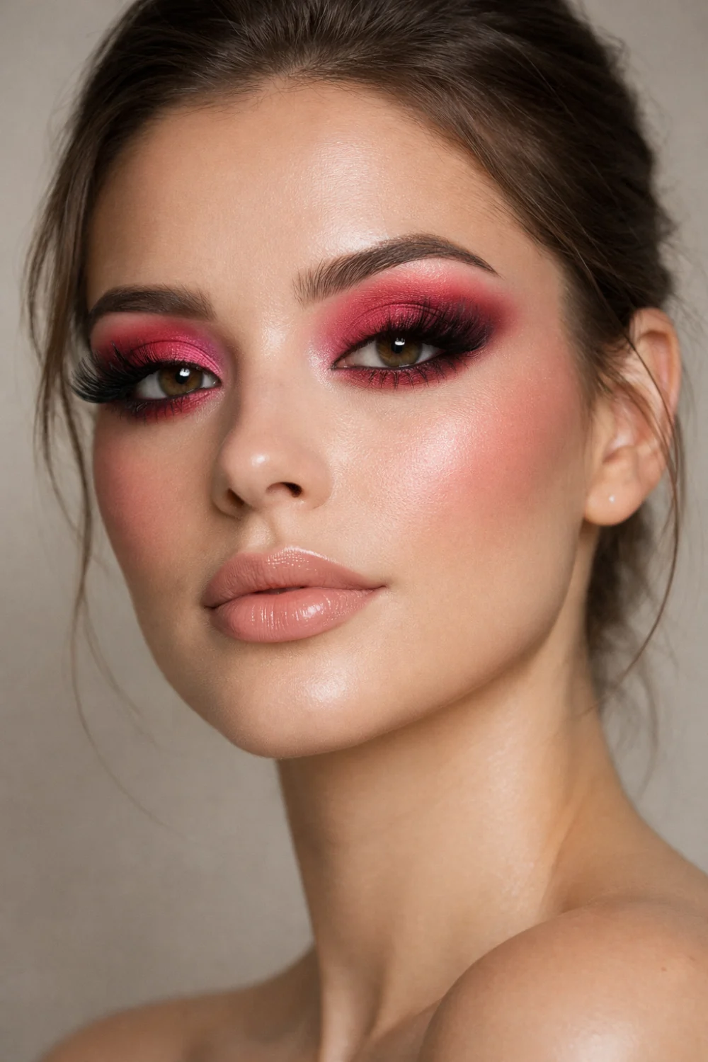 Cherry pink smokey eye makeup look with dramatic lashes glowing skin and nude lips creating a romantic glamorous beauty style perfect for evening makeup inspiration