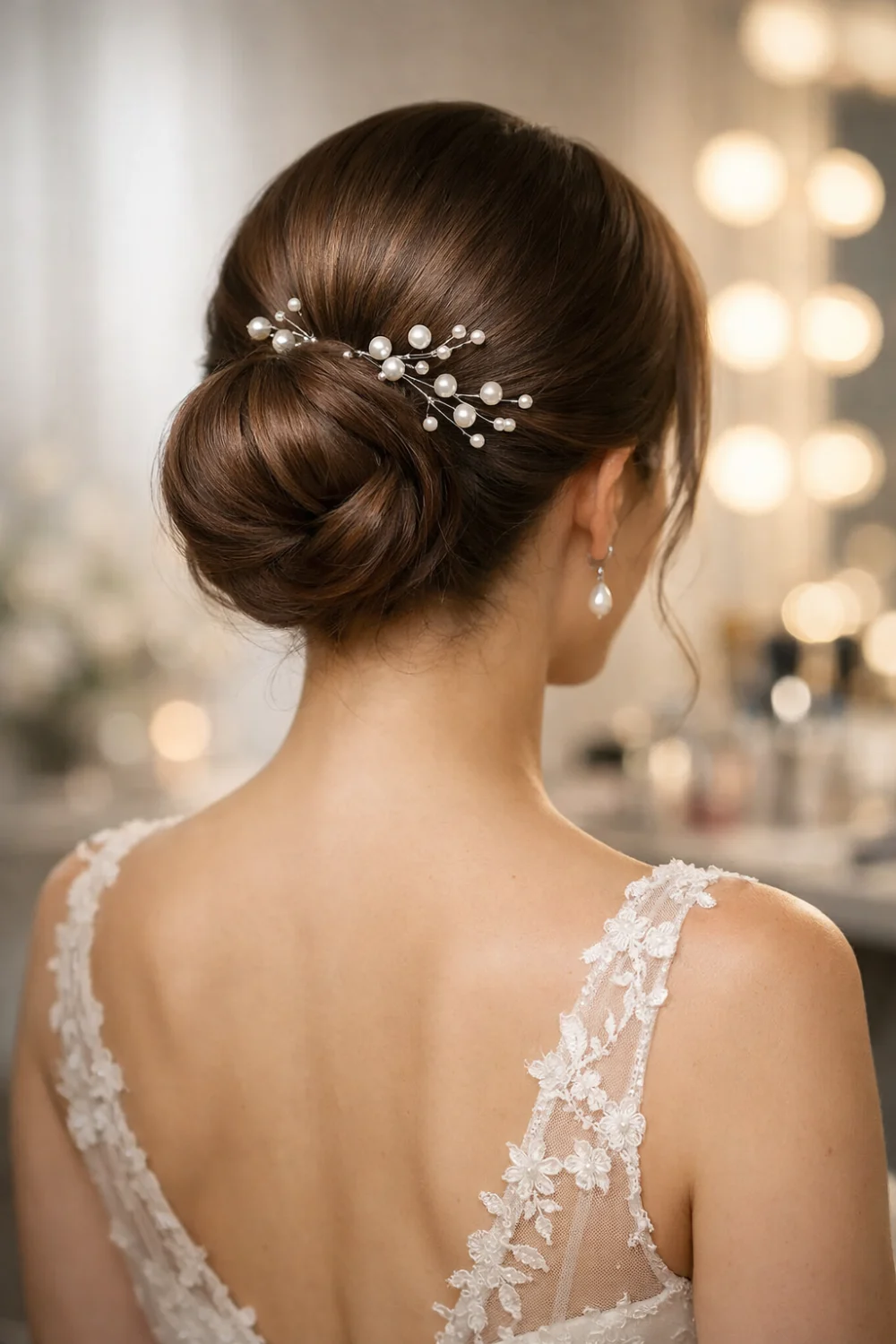 pearl accented bridal low bun elegant updo wedding hairstyle