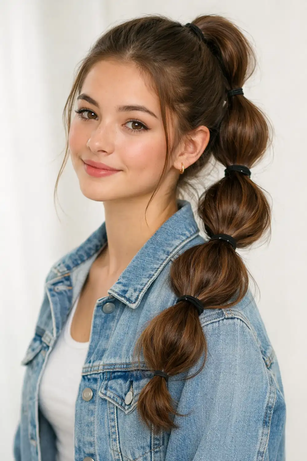 Bubble ponytail hairstyle for school girls with hair tied into bubble sections using hair ties, trendy cute hairstyle idea that looks fun and stylish.