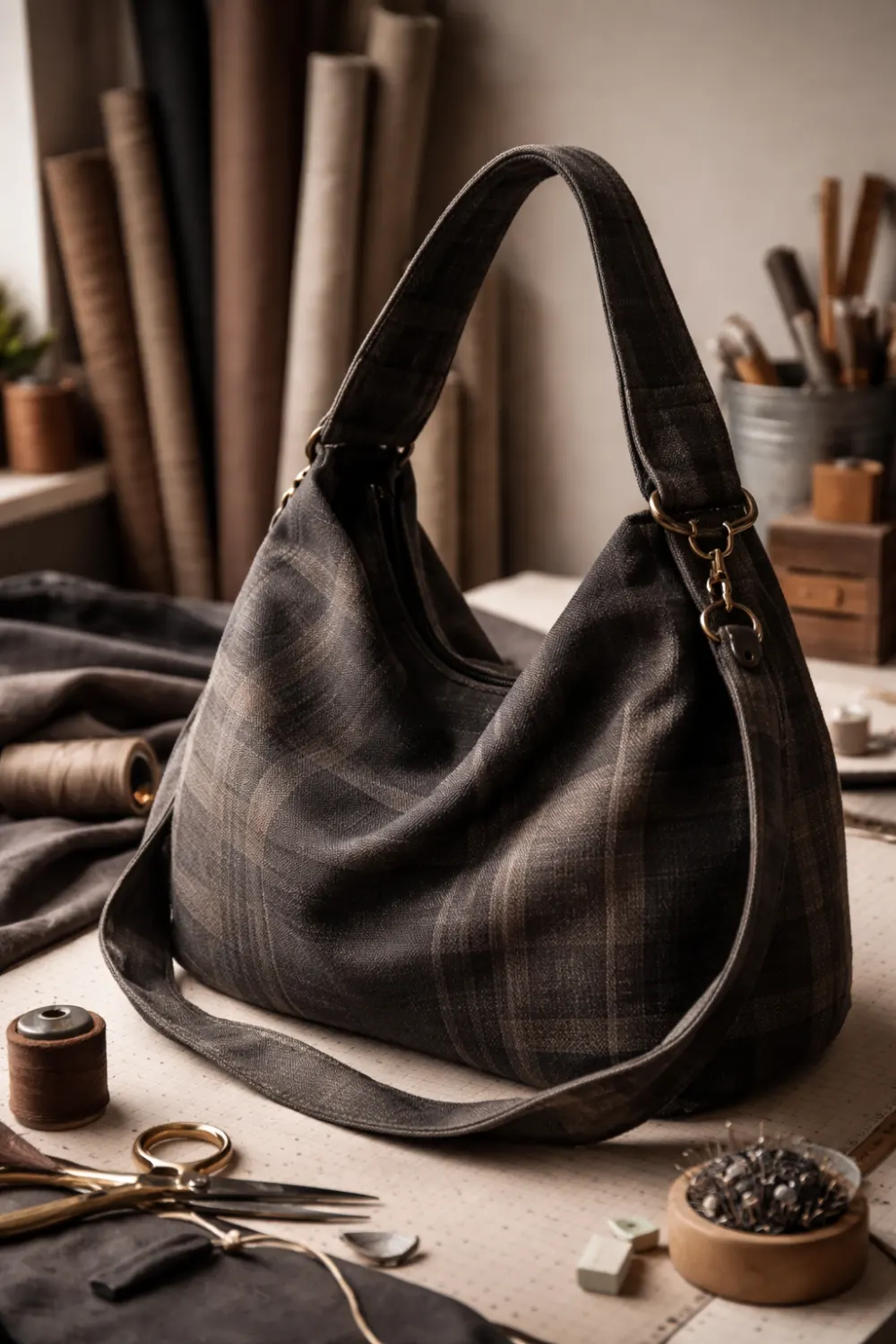 Slouchy hobo handbag sewing pattern displayed on a sewing workspace with fabric pieces, scissors and sewing tools, modern DIY bag project trending for handmade fashion lovers