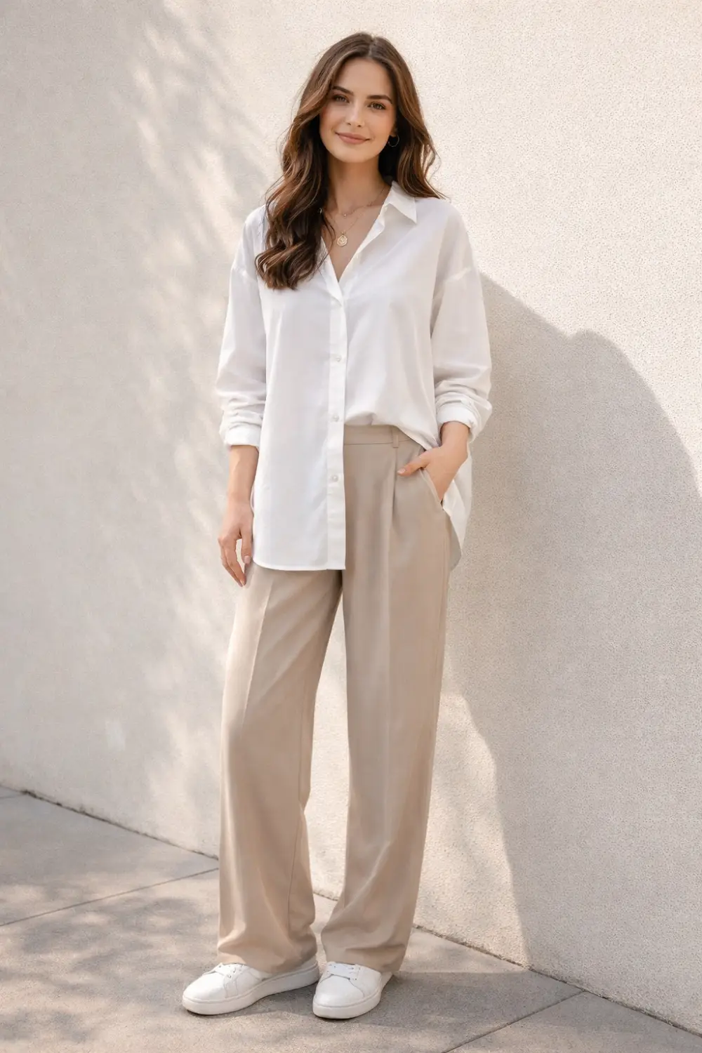 Modern modest outfit featuring an oversized white shirt paired with loose neutral trousers and sneakers for a minimalist modest street style look.