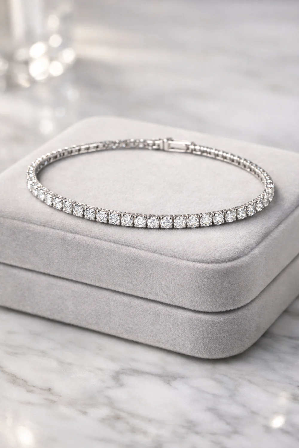 luxury diamond tennis bracelet elegant women's bracelet with sparkling diamonds displayed on velvet jewelry box timeless jewelry design