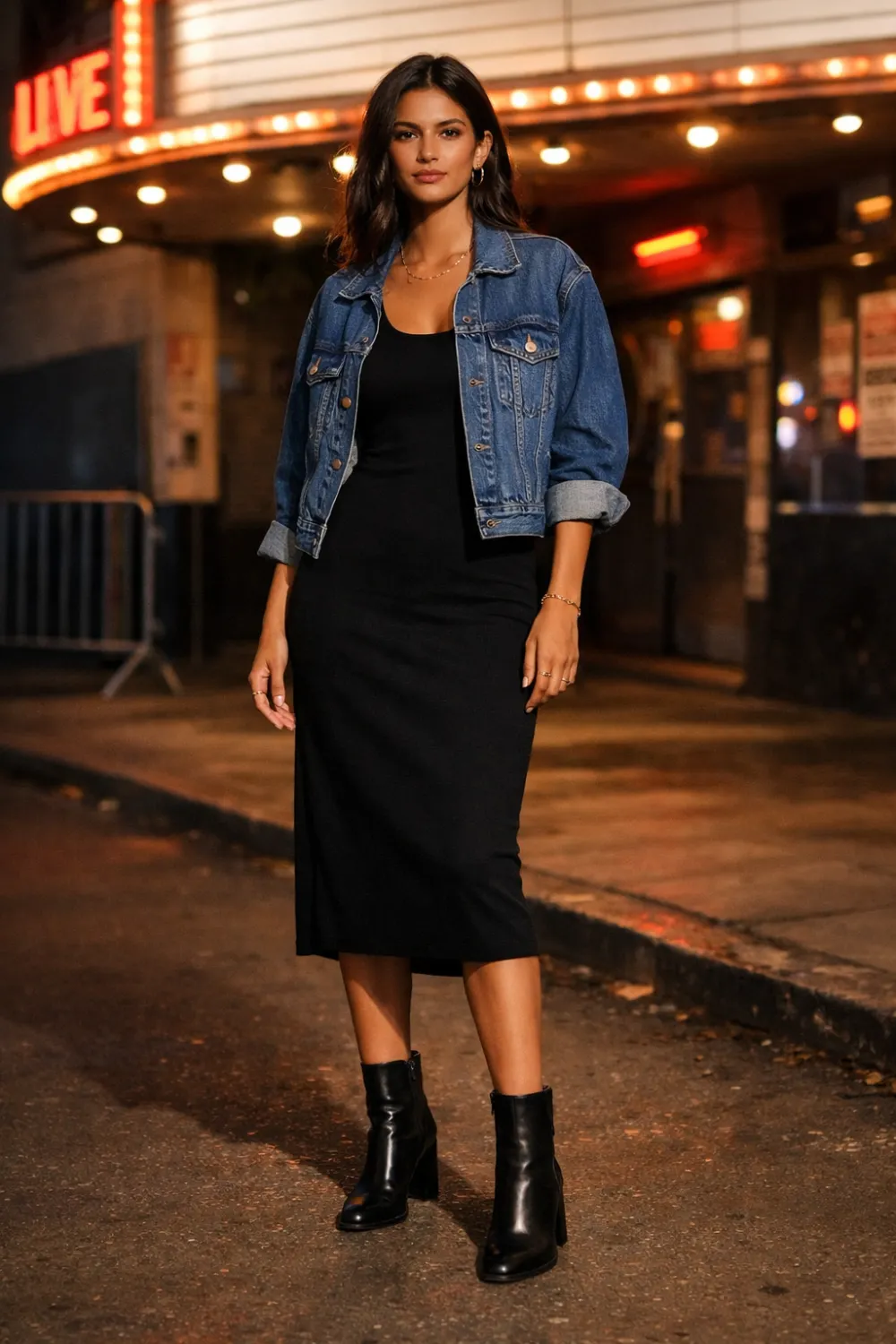 black midi dress with denim jacket and ankle boots stylish concert outfit women casual evening concert outfit ideas