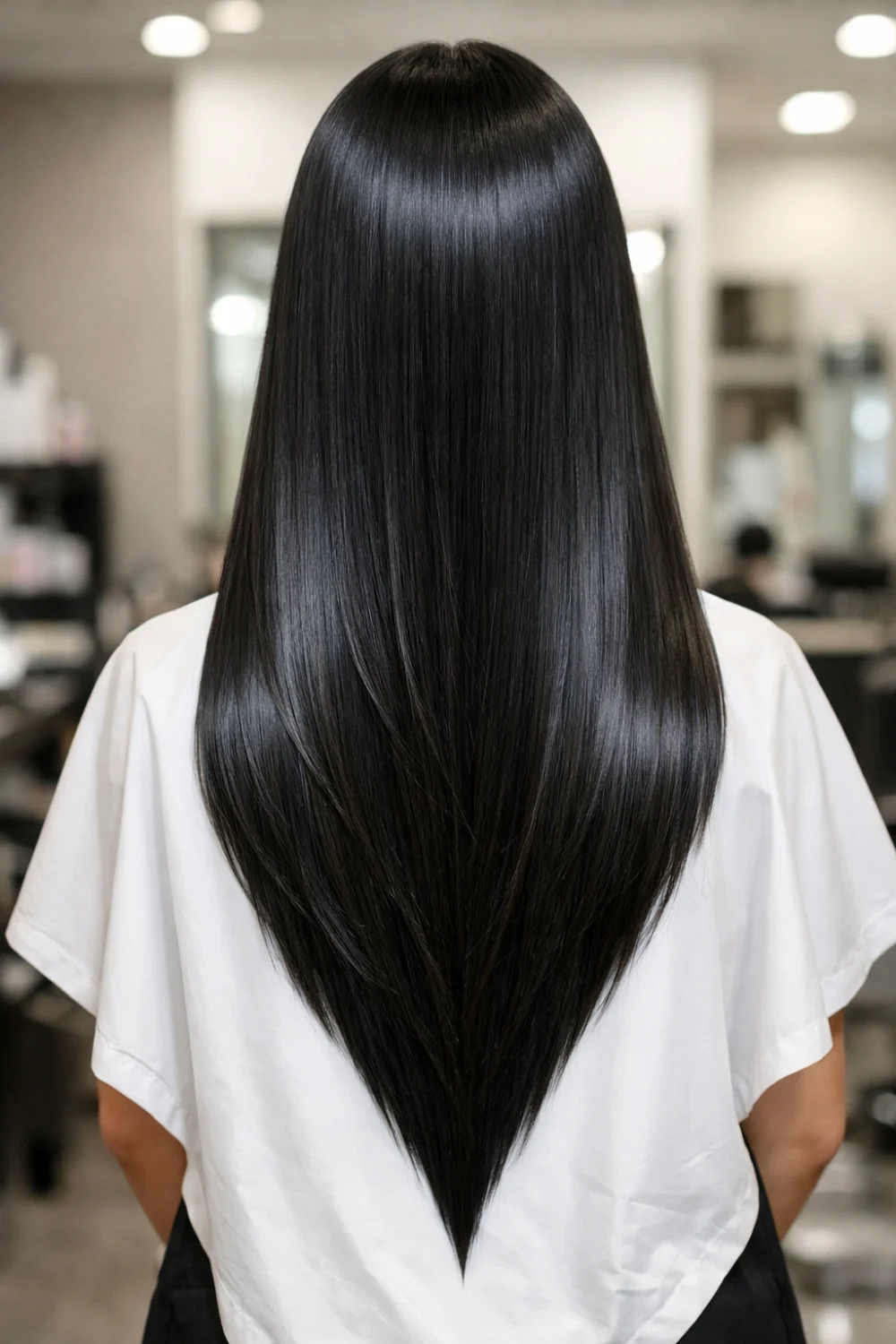 sleek V cut straight long hair back view with mirror shine, ultra glossy straight haircut, dramatic long hair inspiration