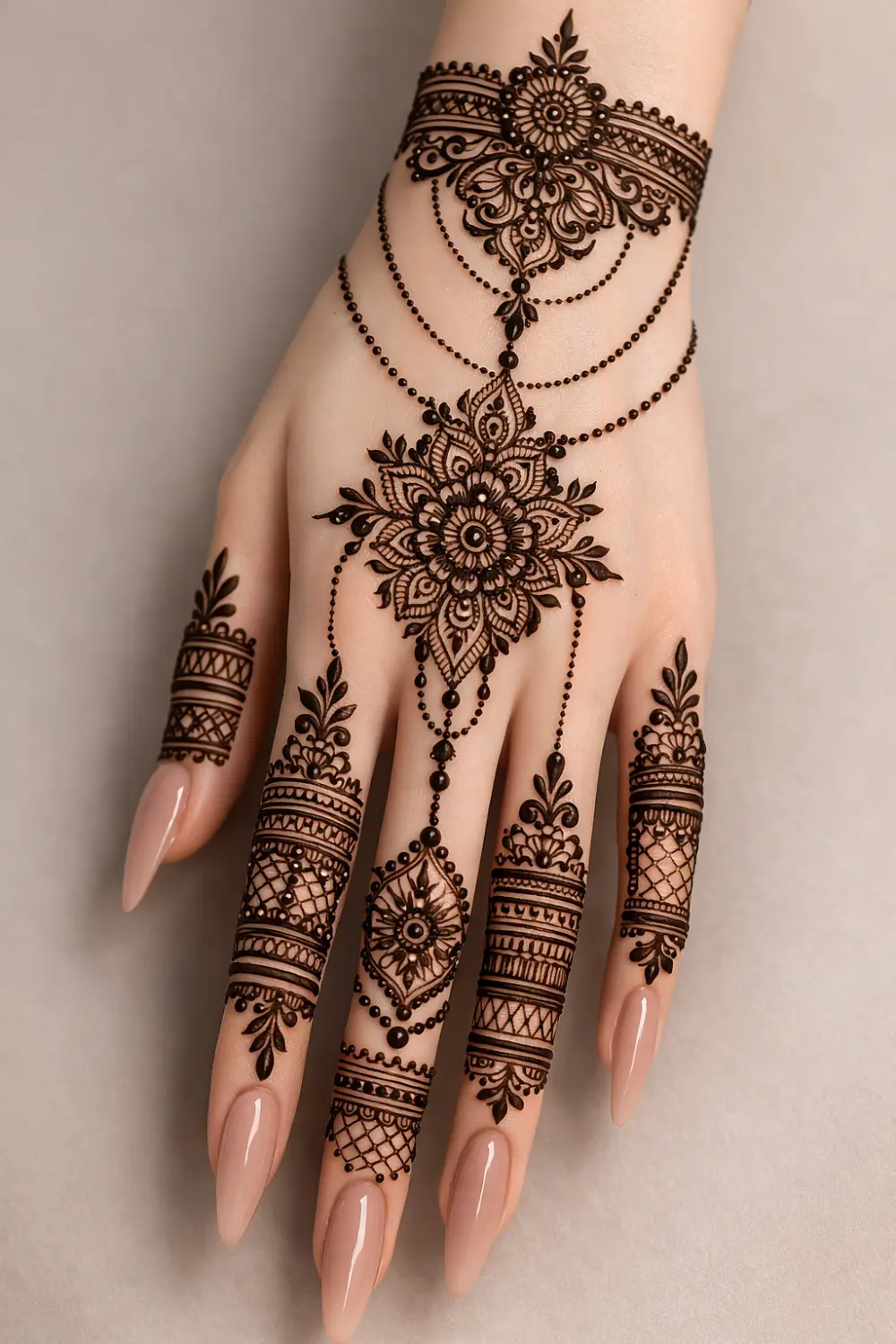 regal jewelry cascade arabic mehndi heavy back hand bridal design with detailed finger bands