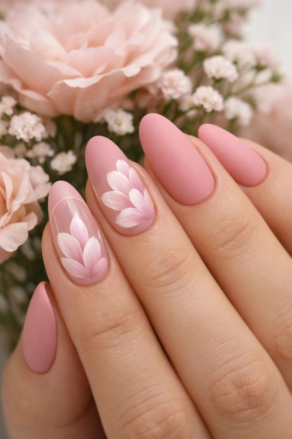 matte blush pink almond nails with floral petal nail art design feminine soft manicure inspiration for elegant matte nails