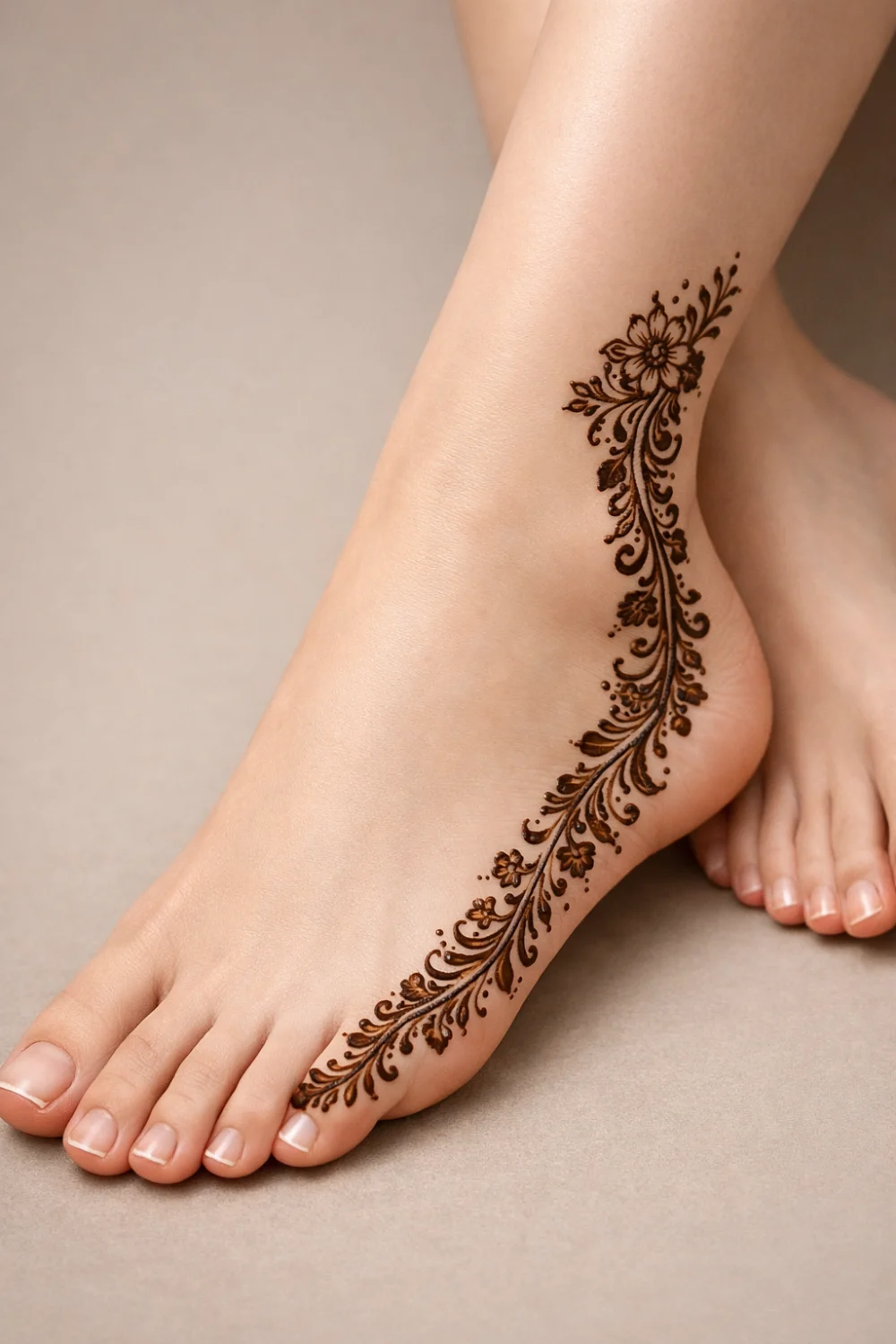 Floral trail mehndi pattern flowing along the side of the foot