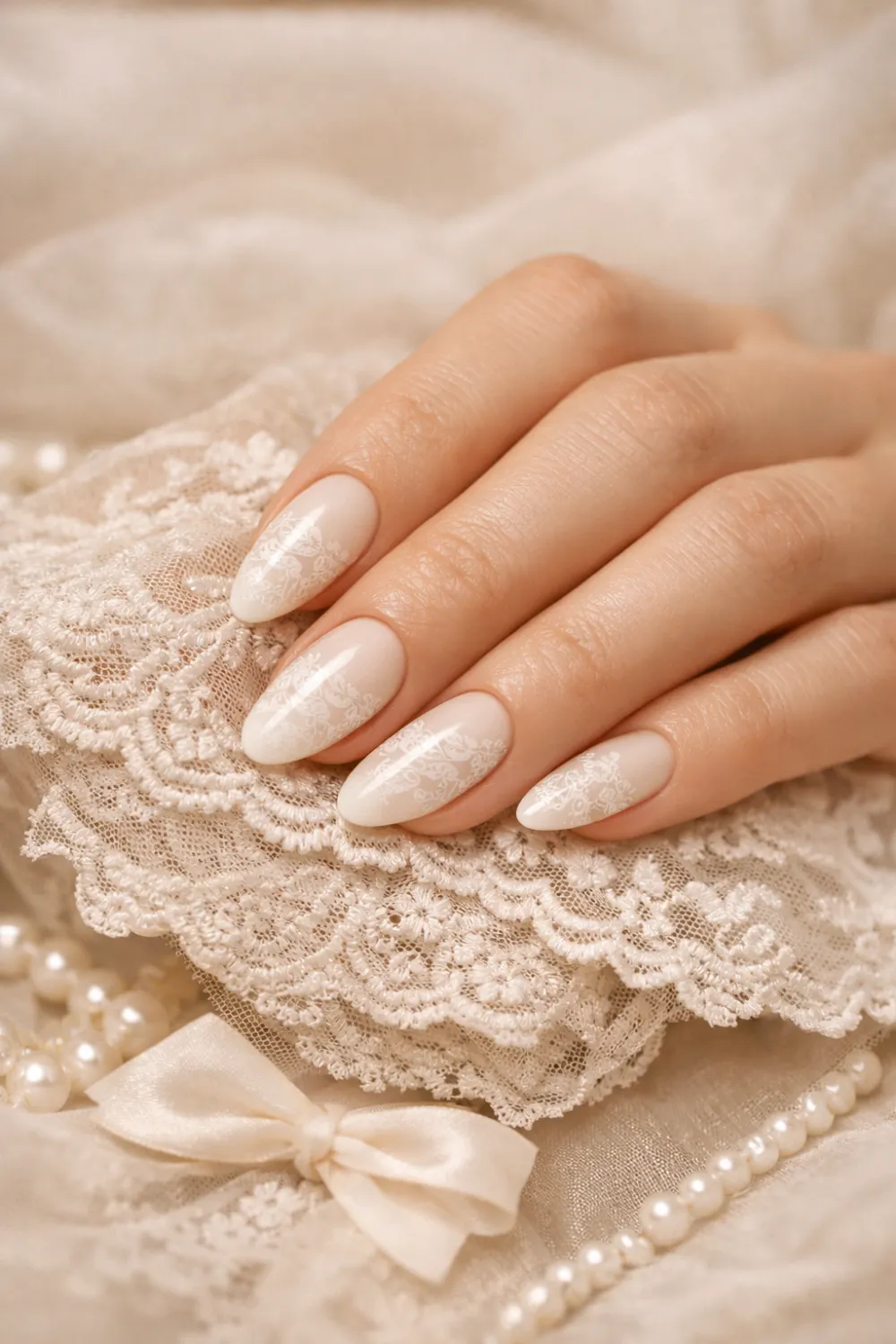 Ivory almond nails with delicate lace nail art resting on vintage lace fabric, creating a romantic old money manicure style