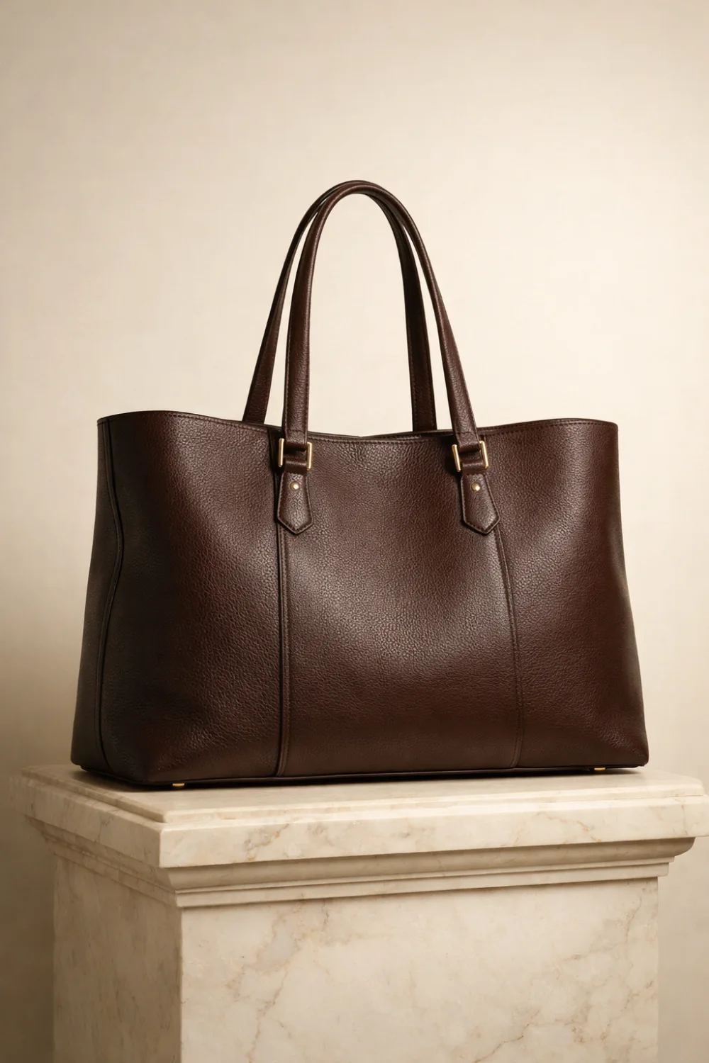 Oversized brown leather tote bag on marble pedestal