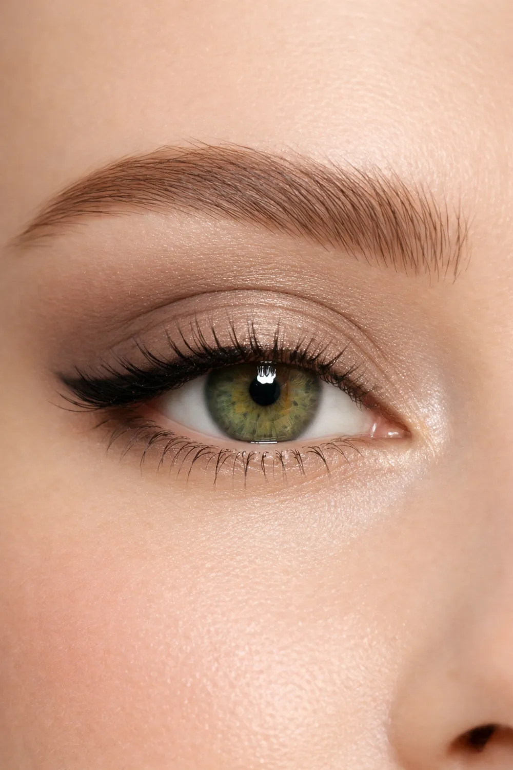 soft champagne neutral eyeshadow for green eyes with light satin shimmer lid minimal elegant eye makeup