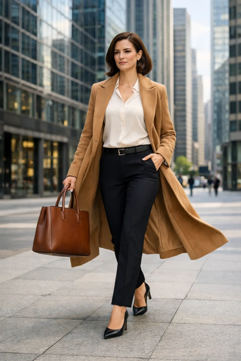 camel coat layered over tailored office outfit professional women workwear street style fashion
