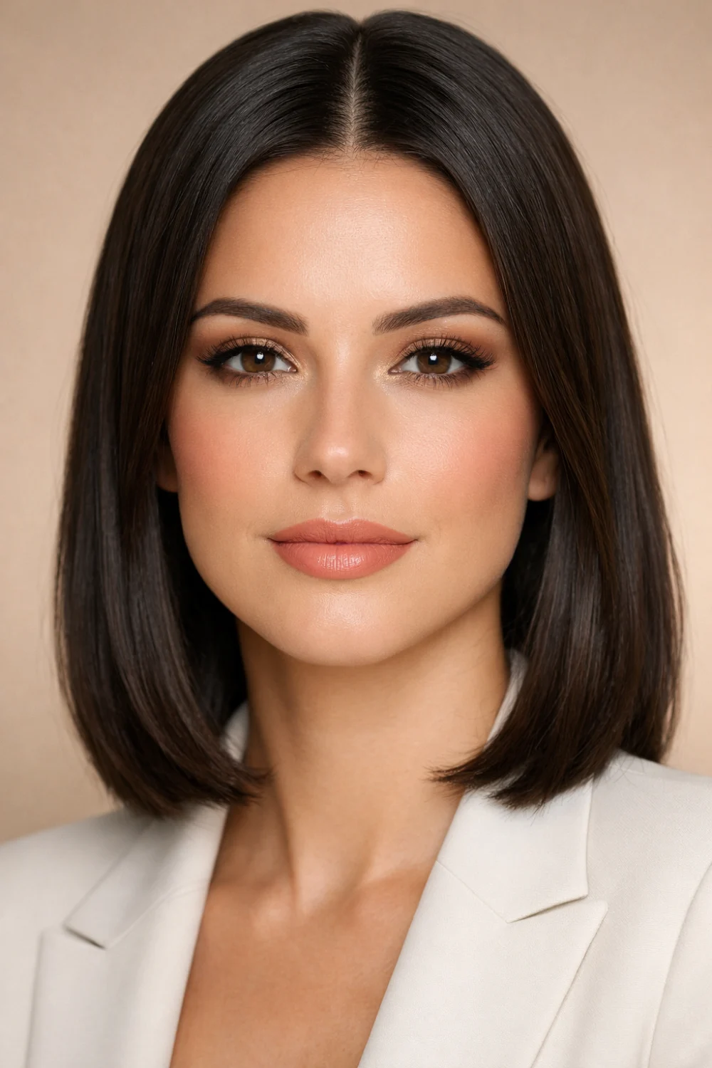 matte nude formal makeup look for office featuring matte foundation, neutral eyeshadow, defined brows, and nude professional lipstick