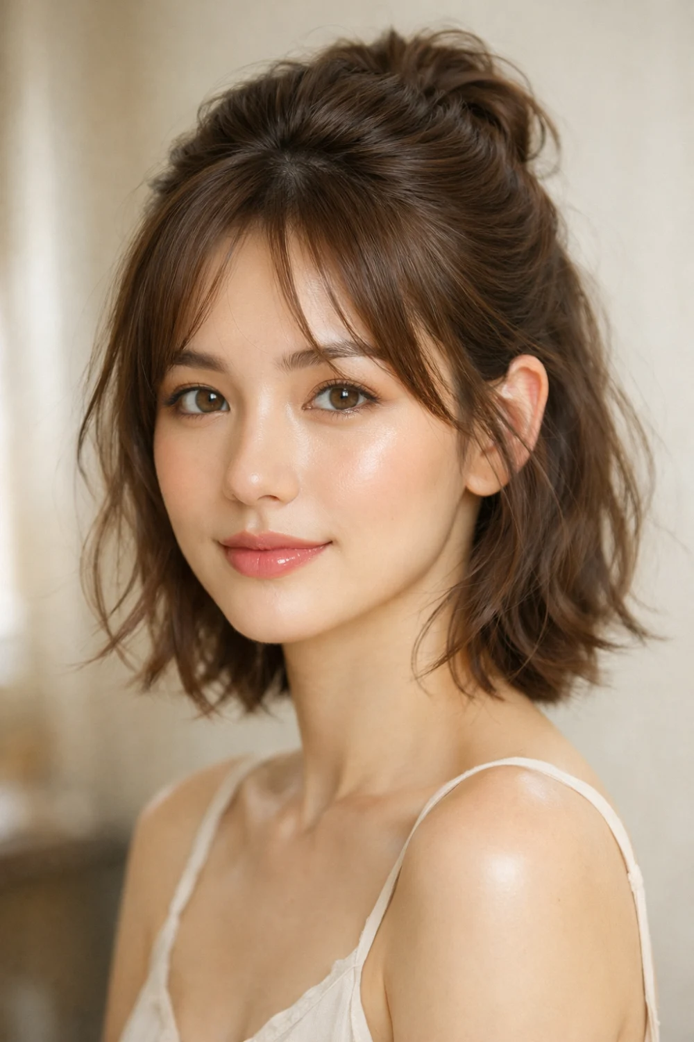 half up short hairstyle with soft bangs feminine stylish modern short hair look