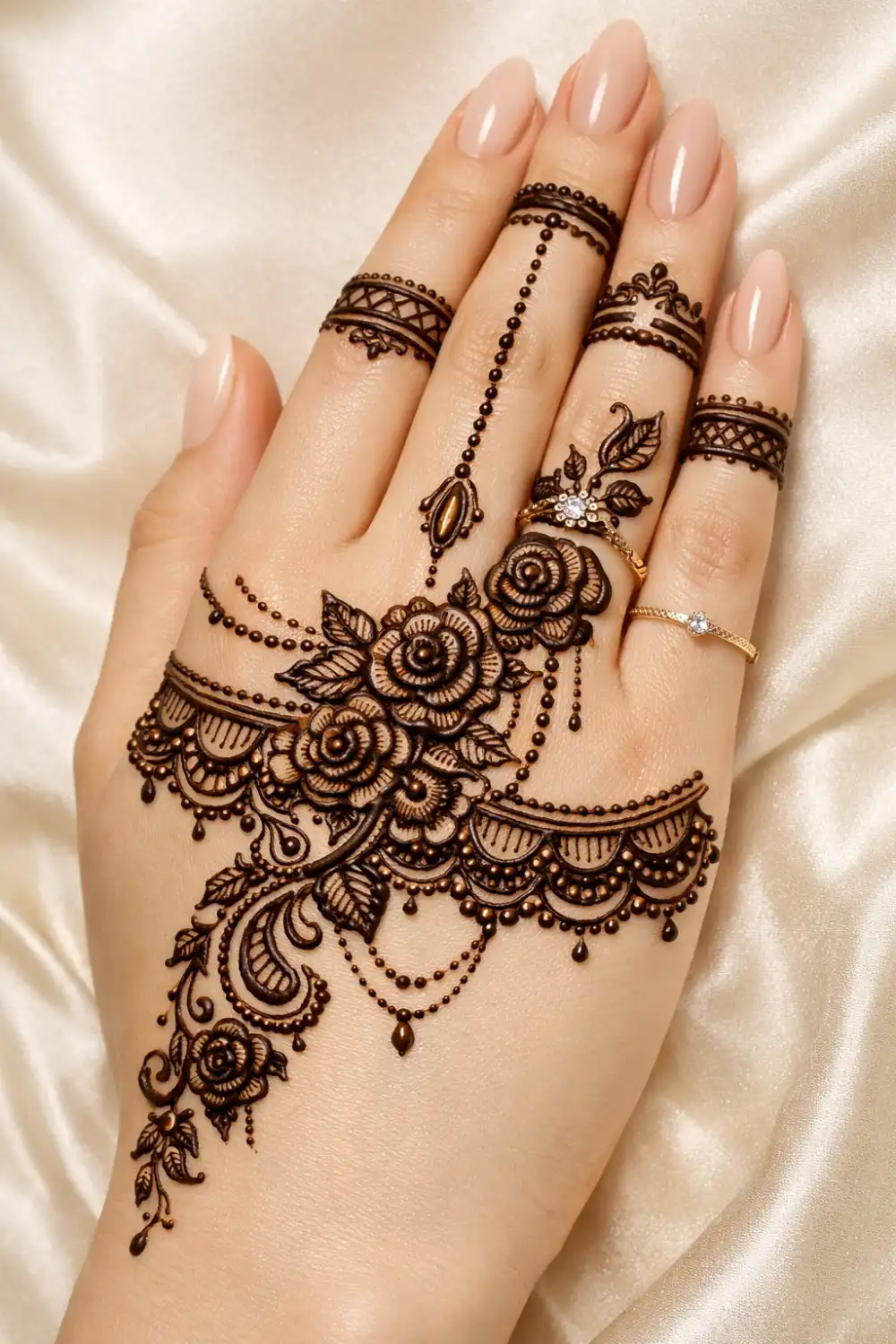 floral bracelet mehndi design with delicate flowers and hanging bead details elegant jewelry style henna pattern