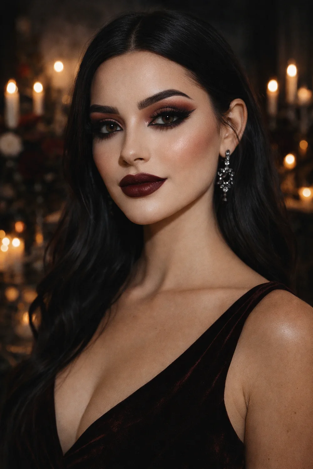 dark romantic bridesmaid makeup deep lips smokey eyes look