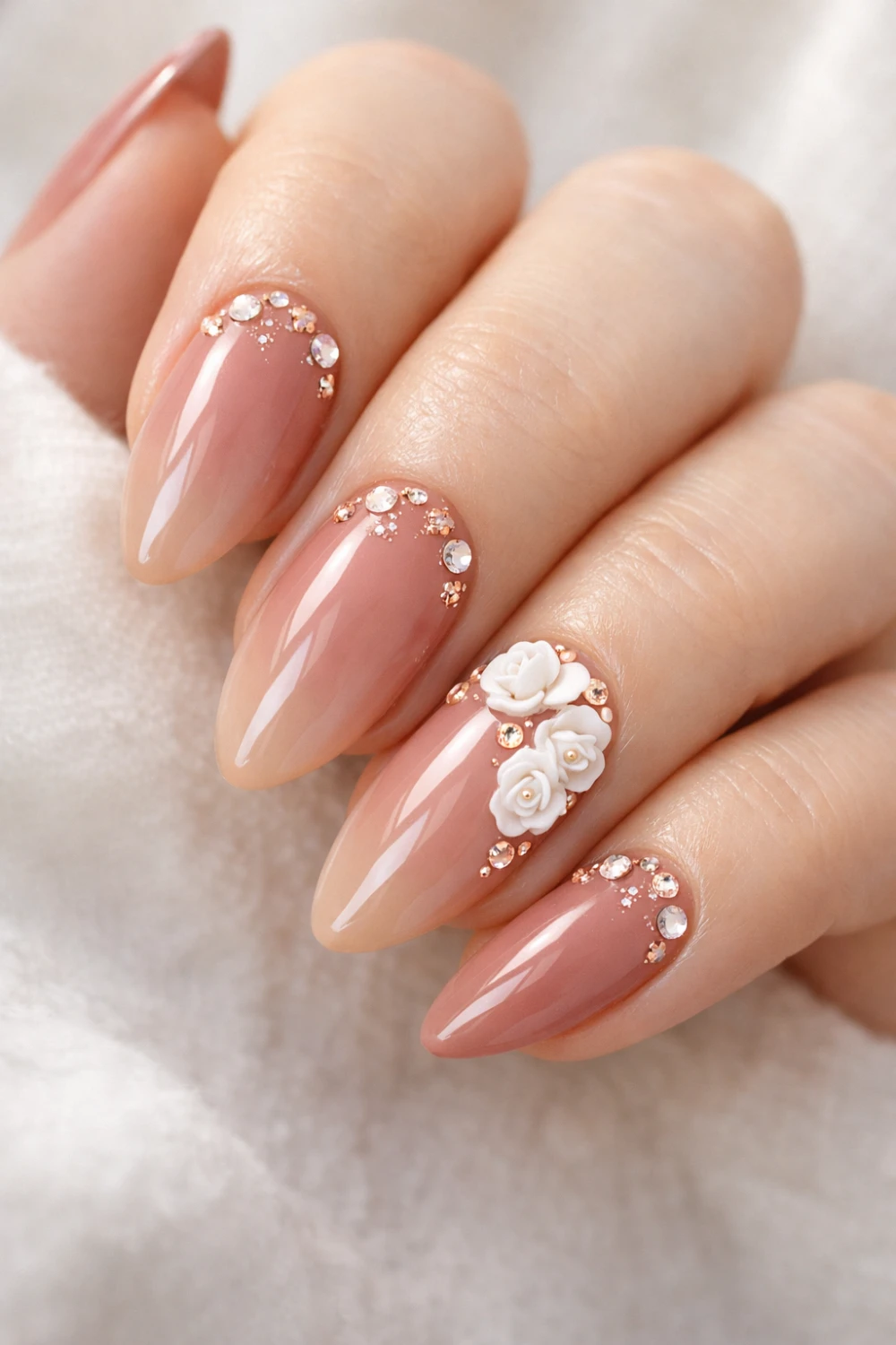 soft peach ombre nails with 3d rose and crystals romantic nail design