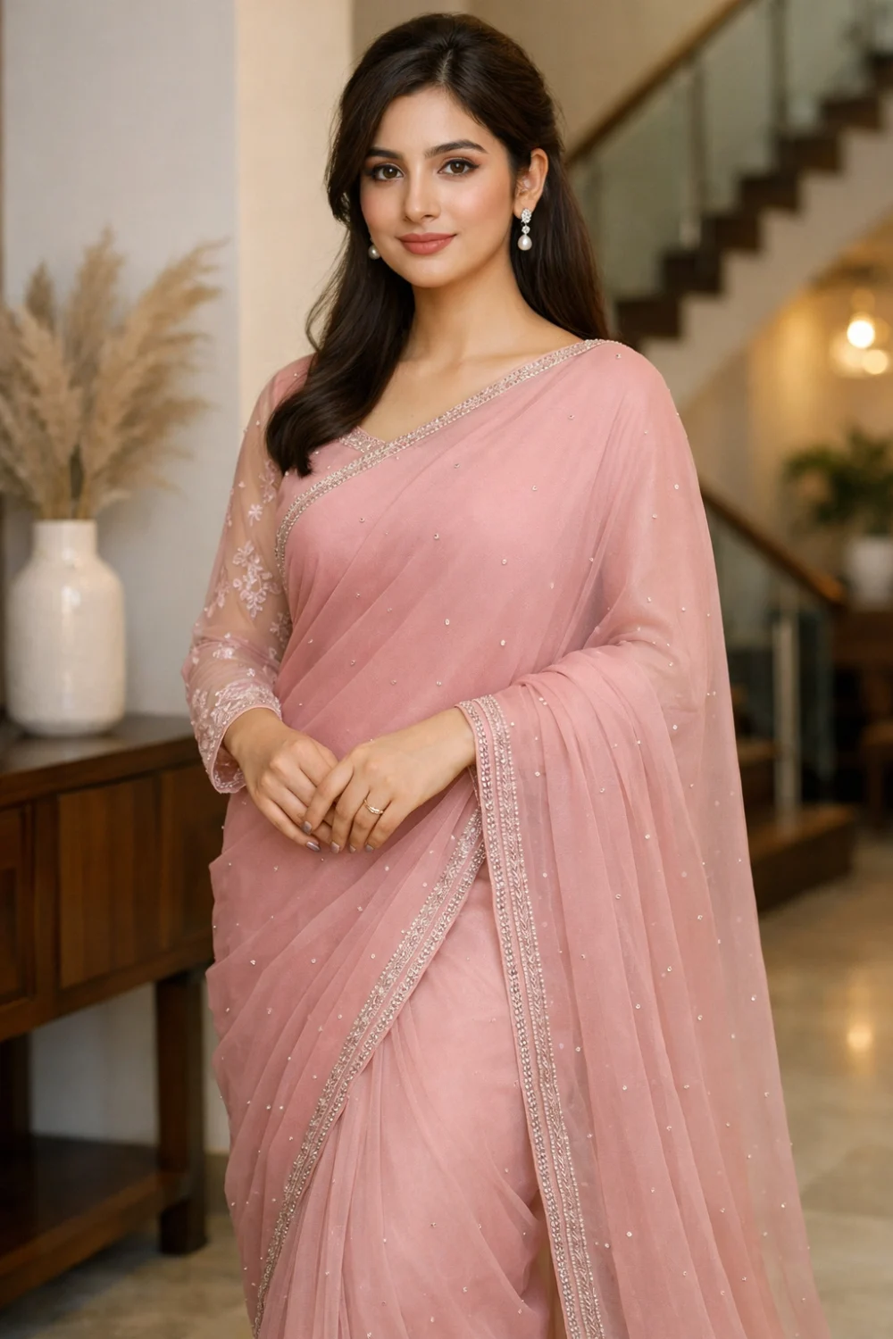 dusty rose pink luxury net saree minimal elegant designer festive party wear saree look