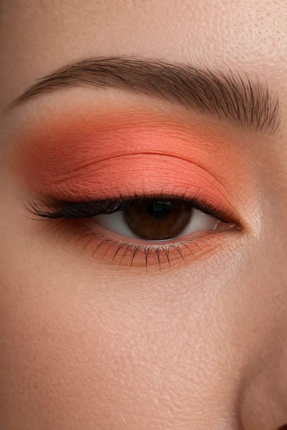 Peach coral eyeshadow look for brown eyes close up with soft coral lid blended warm crease fresh summer eye makeup