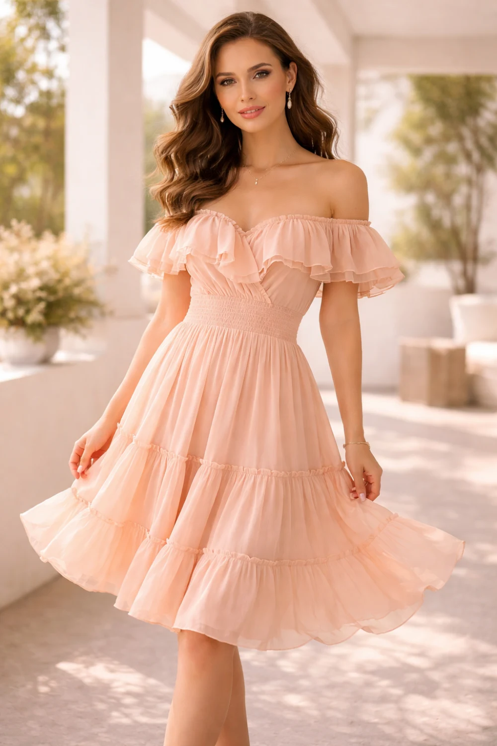 peach off shoulder ruffle dress bridal shower guest outfit romantic summer look