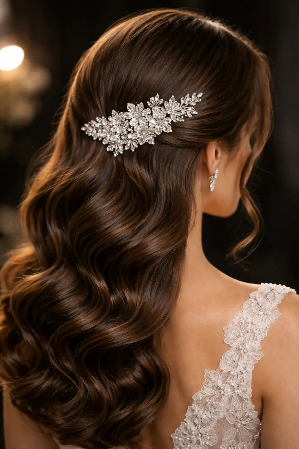 sparkling crystal floral hair comb styled in glamorous wavy bridal hairstyle elegant evening wedding hair accessory inspiration for brides