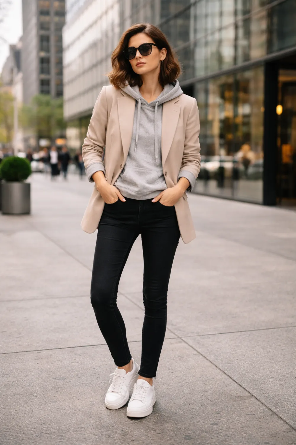 tailored beige blazer layered over grey hoodie with black skinny jeans modern cold spring outfit idea casual chic street style fashion