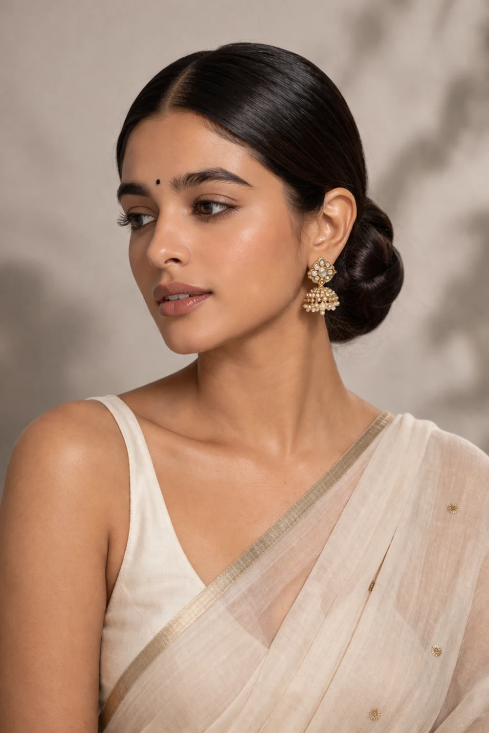 Indian woman wearing traditional saree styled with sleek low bun hairstyle and center part, classic elegant hair look highlighting earrings and graceful neckline.