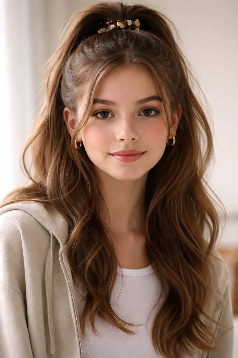 Claw clip half up hairstyle for school girls with long hair clipped at the back, trendy everyday hairstyle idea that looks simple, stylish, and effortless.
