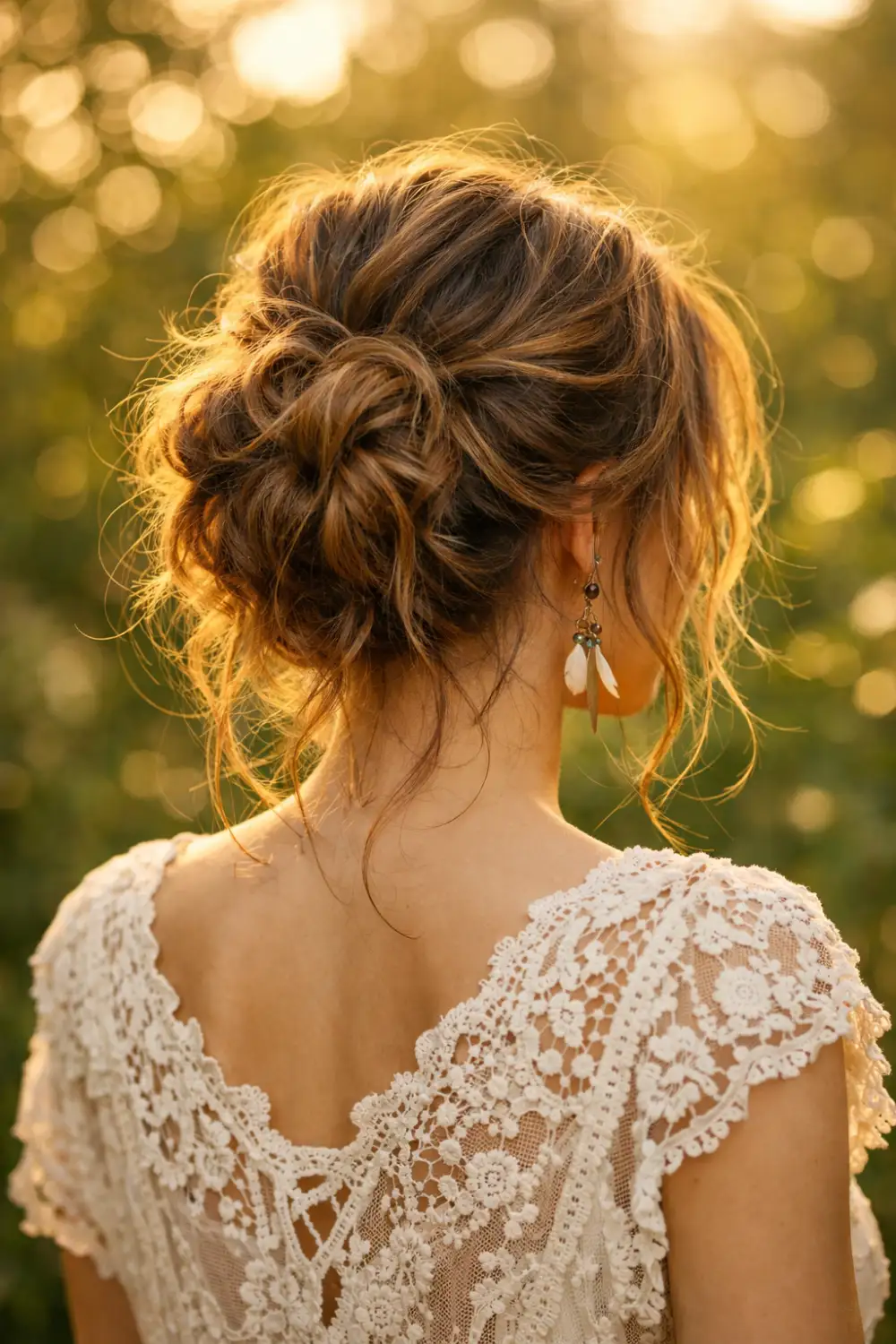 boho textured messy elegant updo hairstyle romantic bun