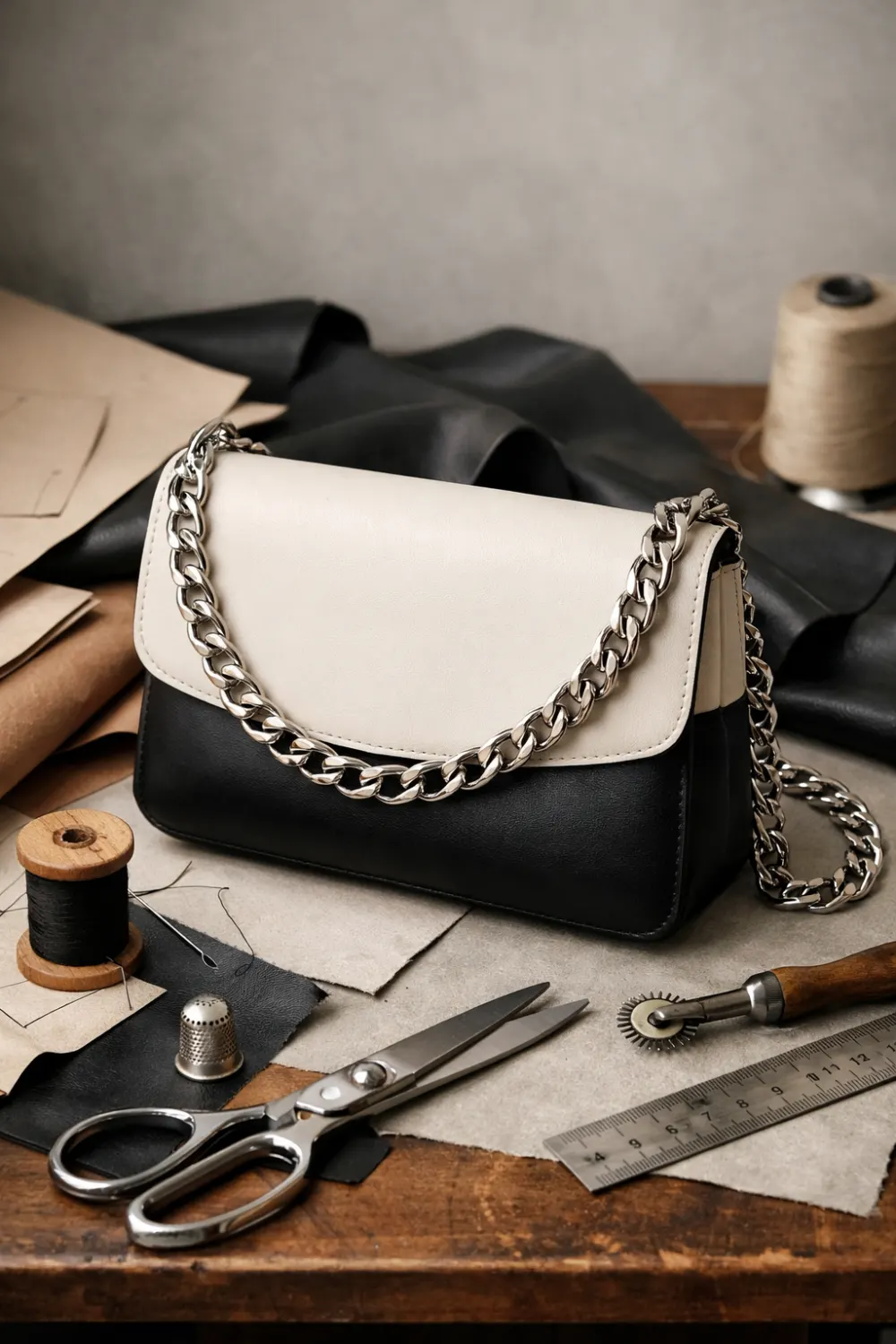 Modern chain strap shoulder handbag sewing pattern displayed on a sewing workspace with leather fabric pieces, scissors and sewing tools, trendy DIY handbag idea on Pinterest