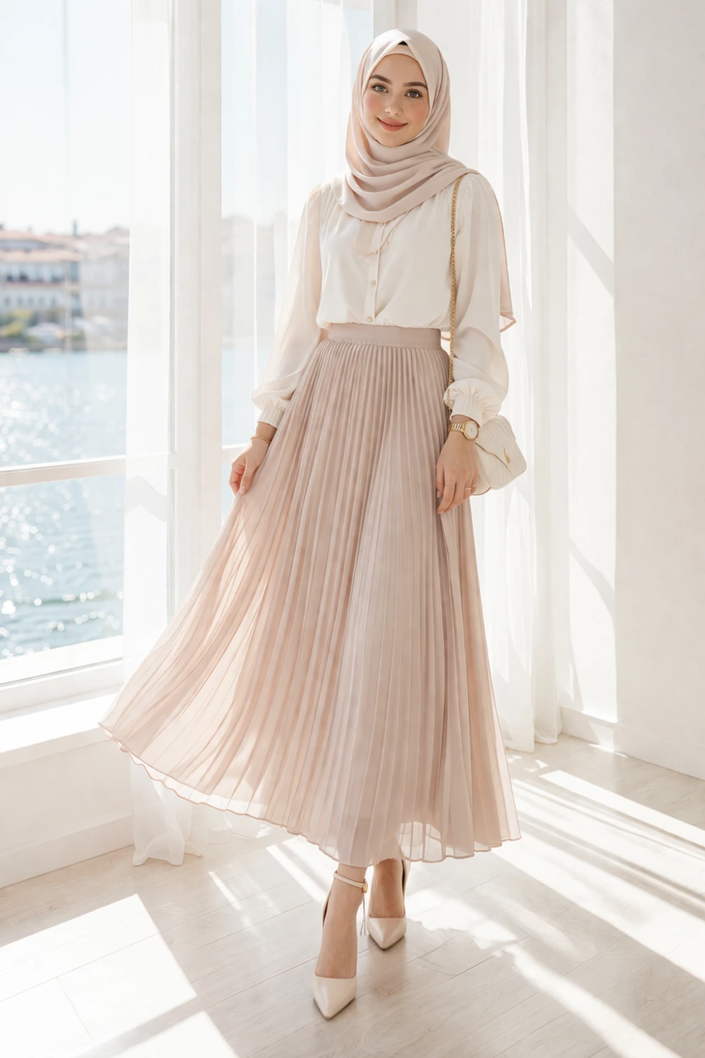 Elegant modest outfit featuring a pleated maxi skirt with a soft blouse and hijab, creating a graceful feminine modest fashion look.