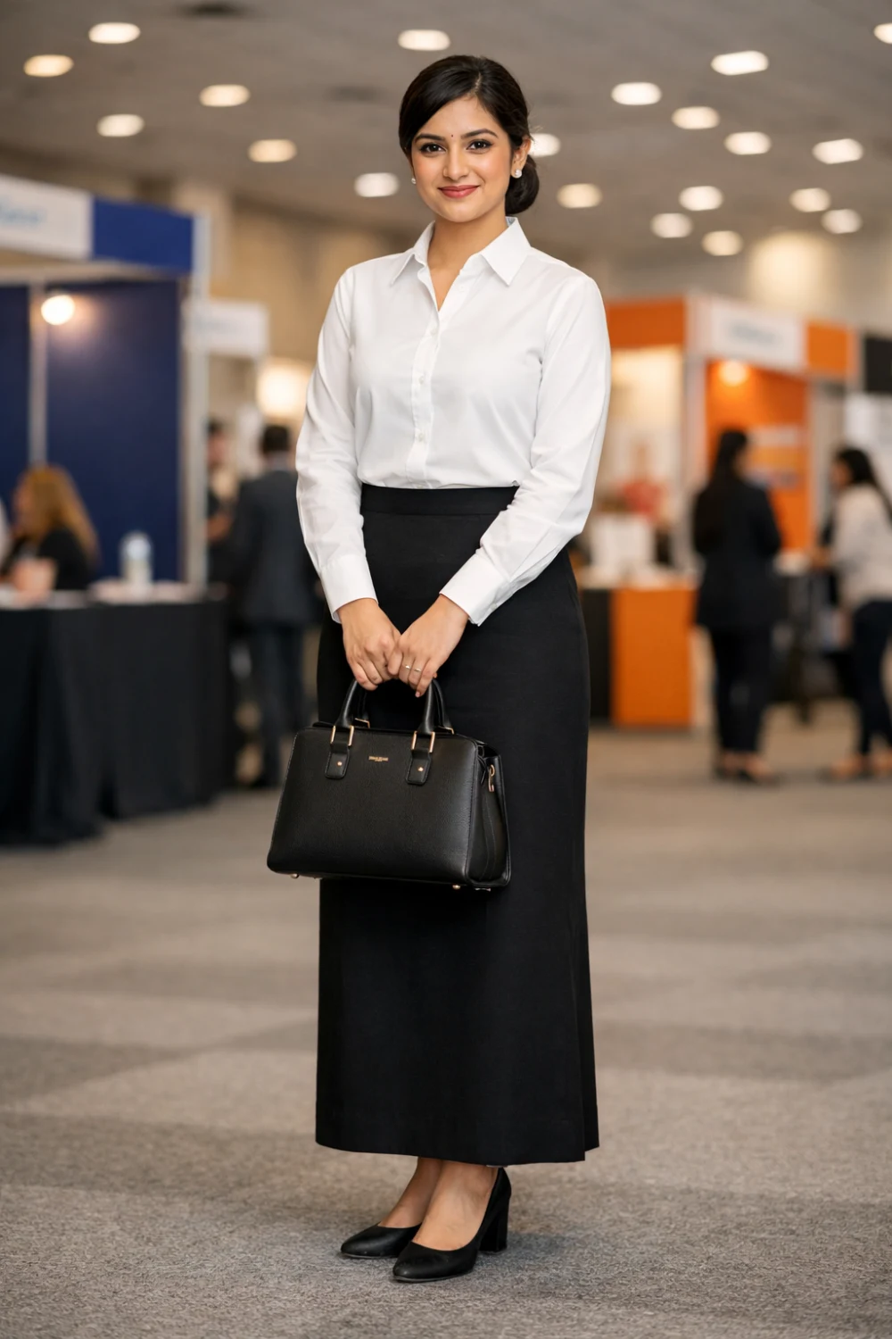 modest white shirt long black skirt career fair outfit women professional