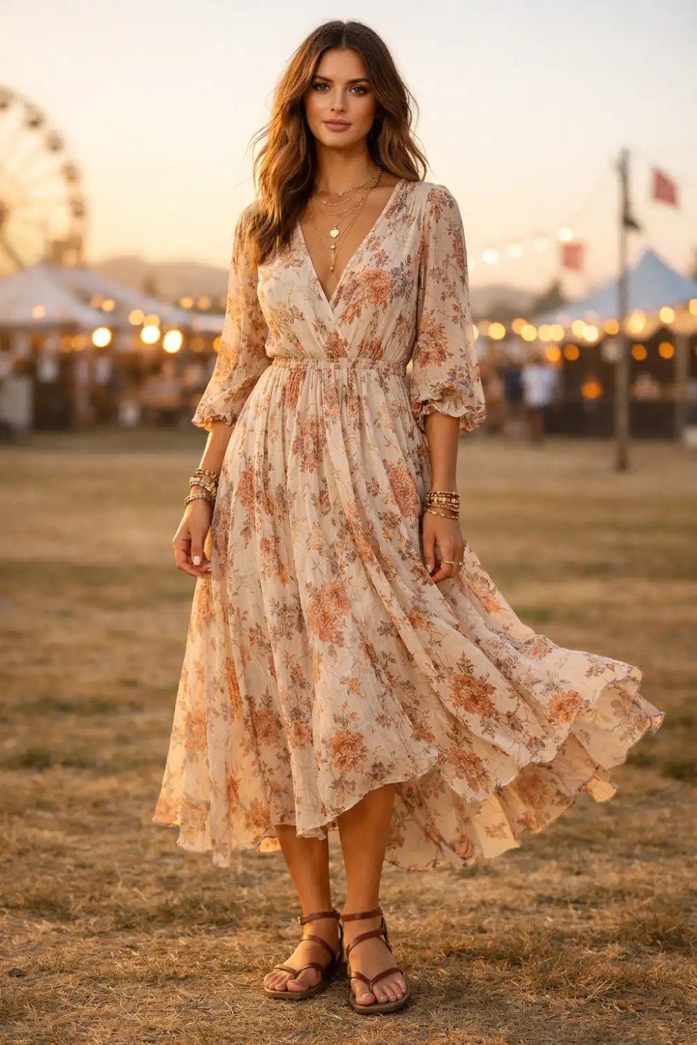 flowy floral maxi dress with sandals boho concert outfit women summer festival outfit ideas