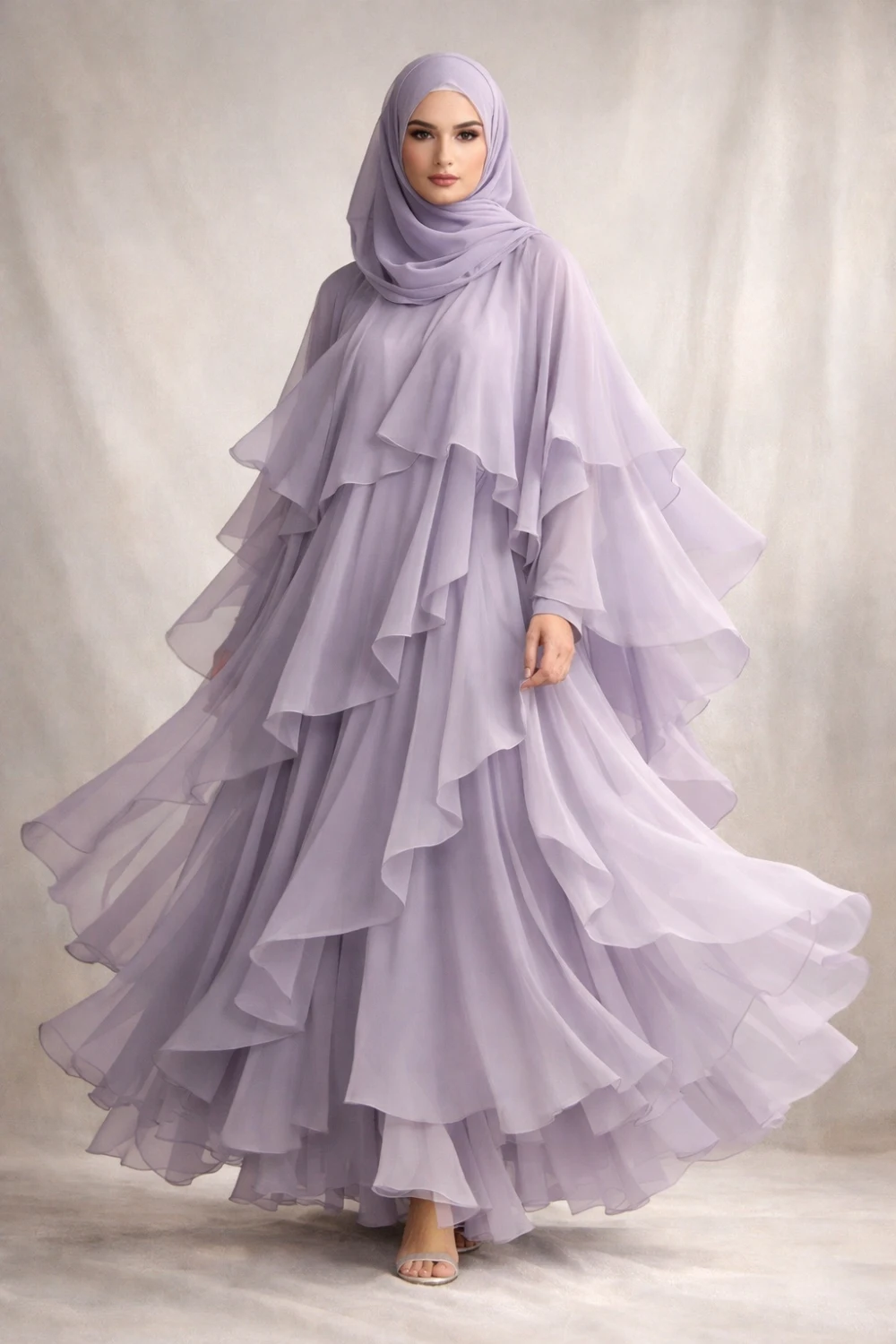 lavender layered chiffon abaya ruffle flowing modest fashion dress elegant feminine abaya style