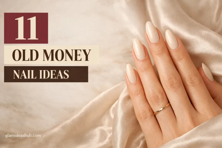Pinterest cover image showing elegant nude almond nails on feminine hand with silk background and bold text “11 Old Money Nails Ideas”