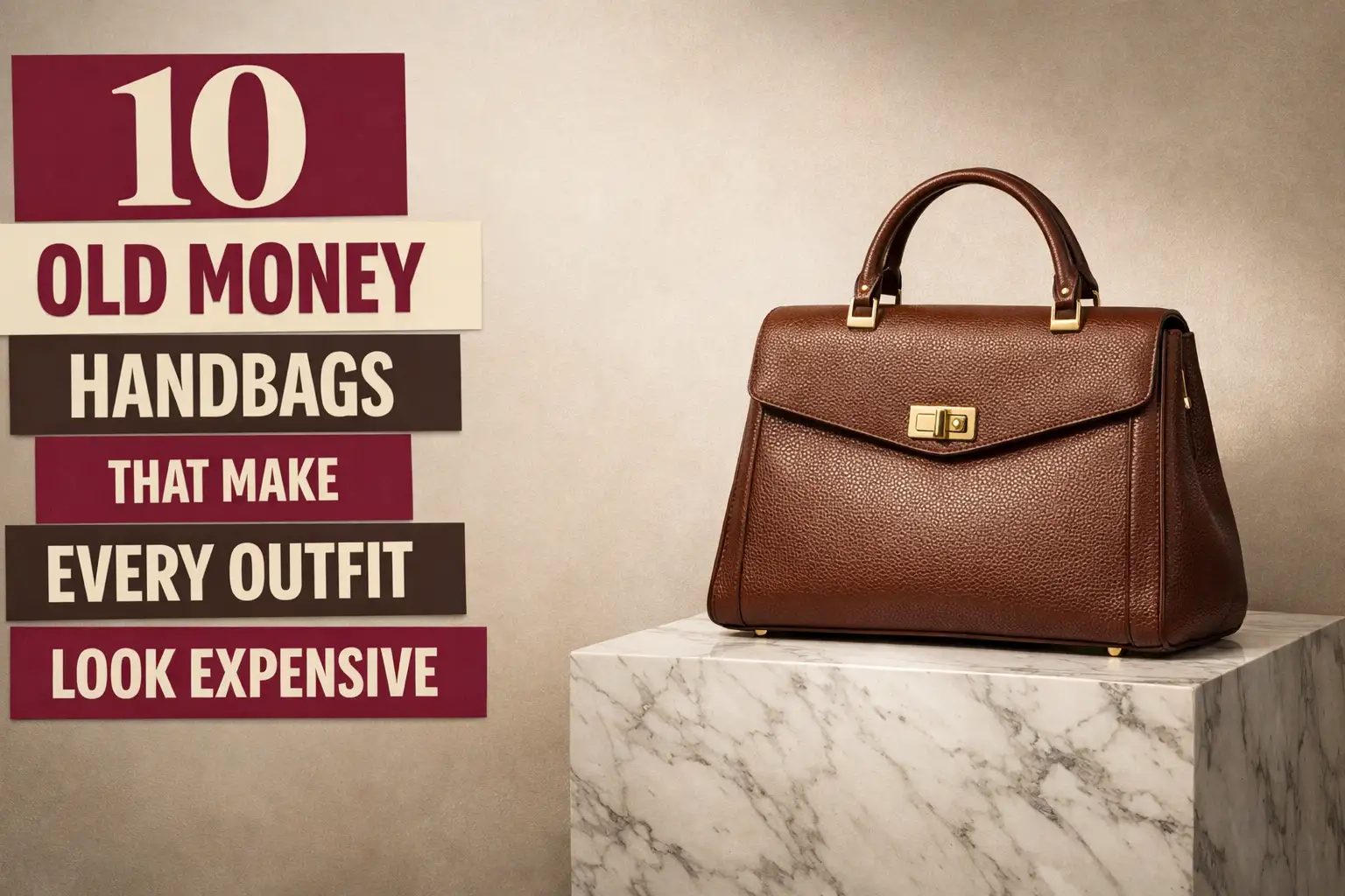 Brown old money handbag on marble pedestal with bold text “10 Old Money Handbags That Make Every Outfit Look Expensive”
